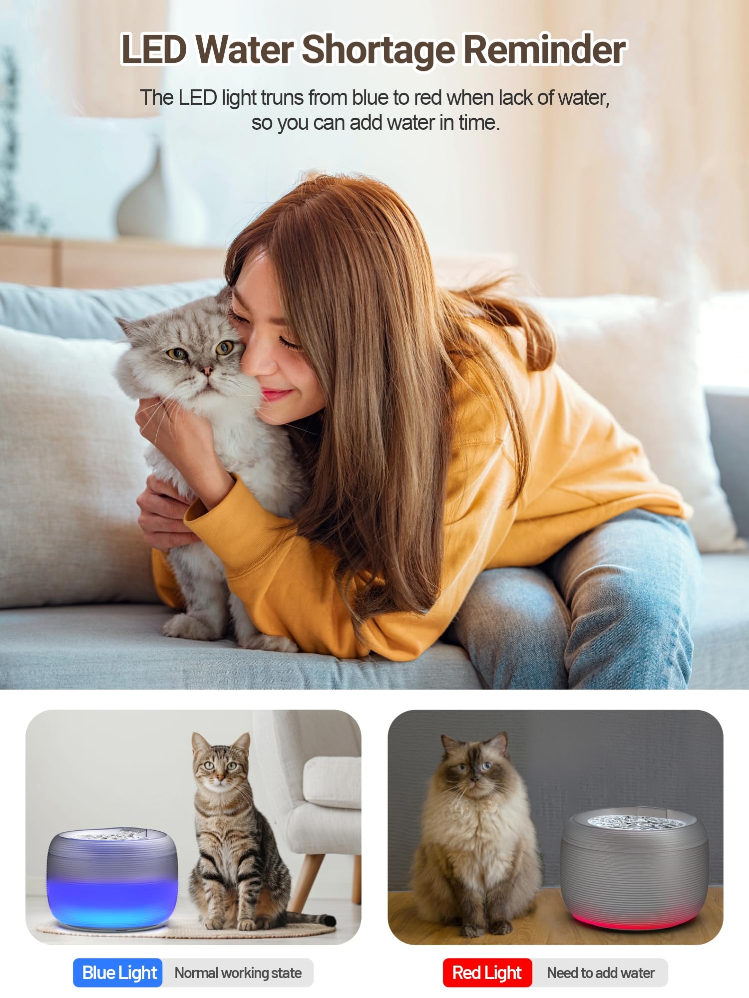 SIBAYS 3.5L Cat Water Fountain - 118oz Quiet Automatic Pet Dispenser, LED Light, Easy to Clean, Black, Model FS75