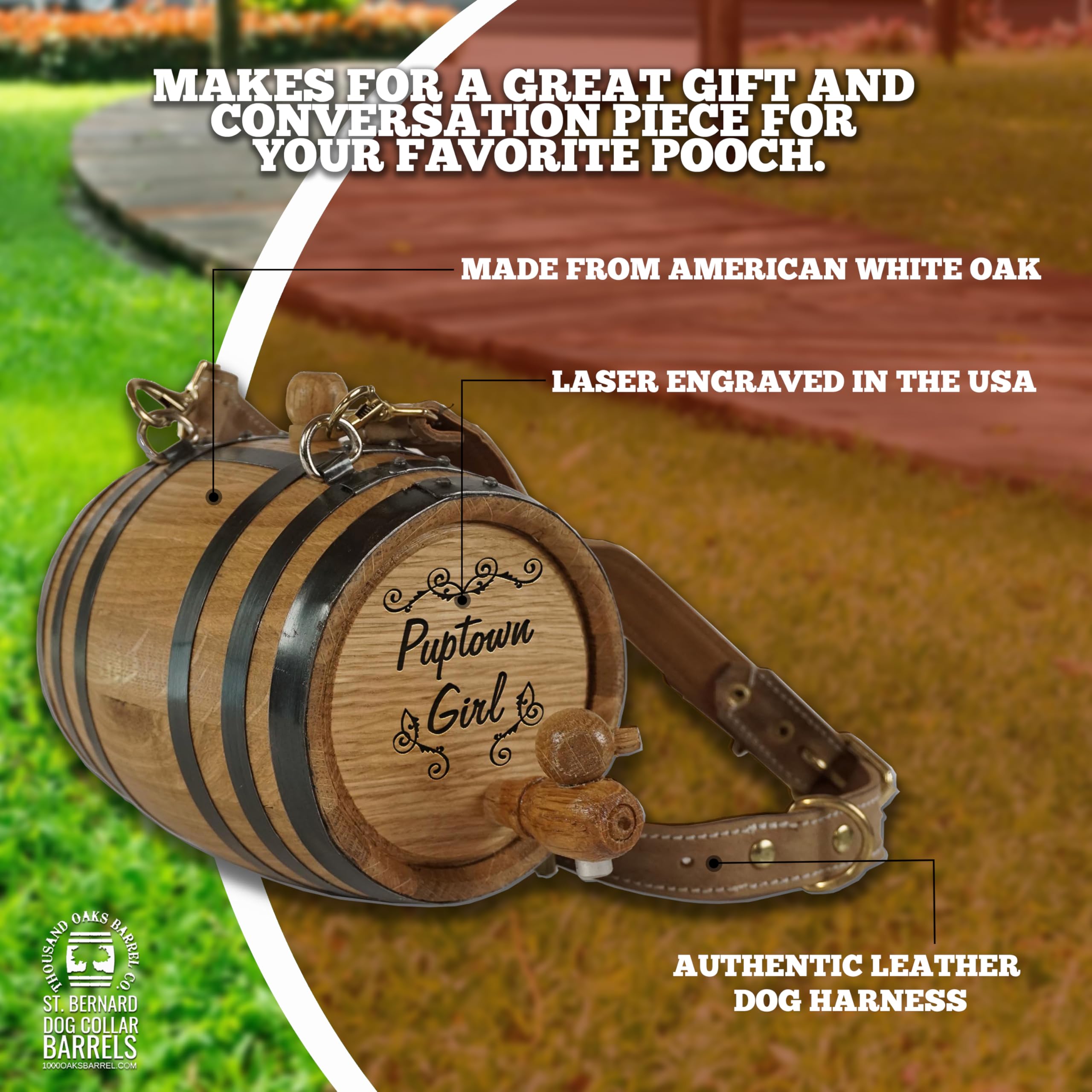 St Bernard Dog Collar Rescue Barrel, With Engraved Design 'Puptown Girl' (1/2 Liter Size Oak Mini Keg With Black Hoops For Pet)