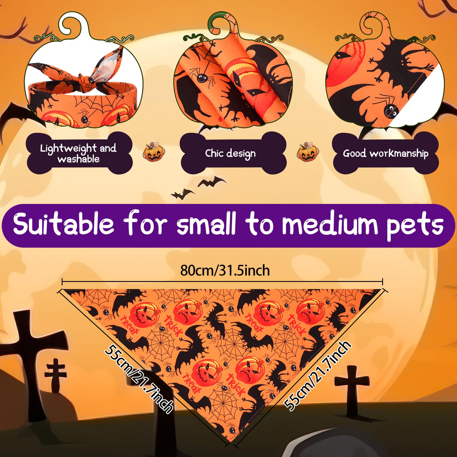 Kigeli 100 Pack Halloween Dog Bandanas Adjustable Triangle Bibs Scarf Ghost Halloween Pumpkin Spider Web Pet Bandanas Costumes H