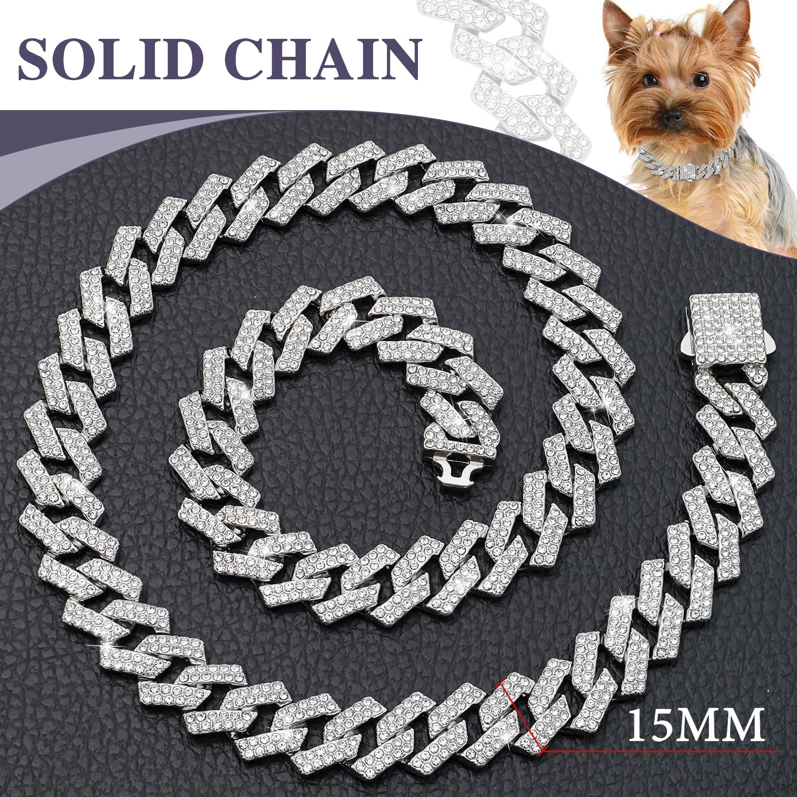 Jewphx Silver Dog Chain Collar Diamond Link 15Mm Wide Dog Necklace Metal Cat Chains Pet Crystal Collars Jewelry Accessories For