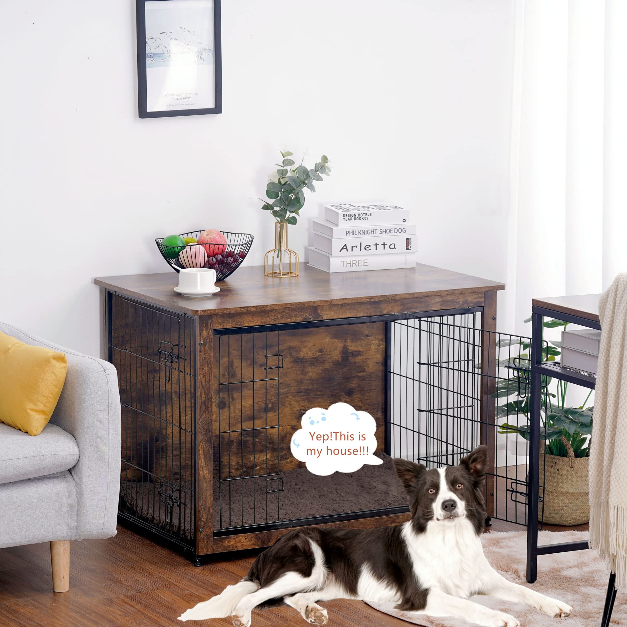 Dwanton Dog Crate Furniture With Cushion, Wooden Dog Crate Table, Double Doors Dog Furniture, Indoor Dog Kennel, Dog House, Dog Cage Large, 38.5' L, Rustic Brown