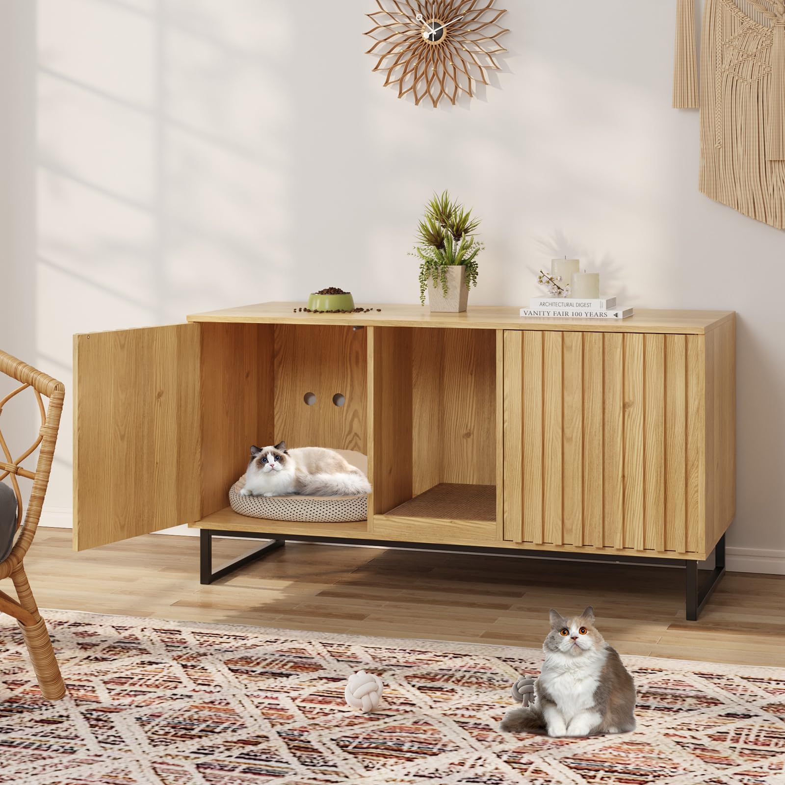 Cat Litter Box Enclosure For 2 Cats, 47.6 Litter Box Furniture Hidden With Cat Scratch Pad, Double Room Large Cat Cabinet, Indoo