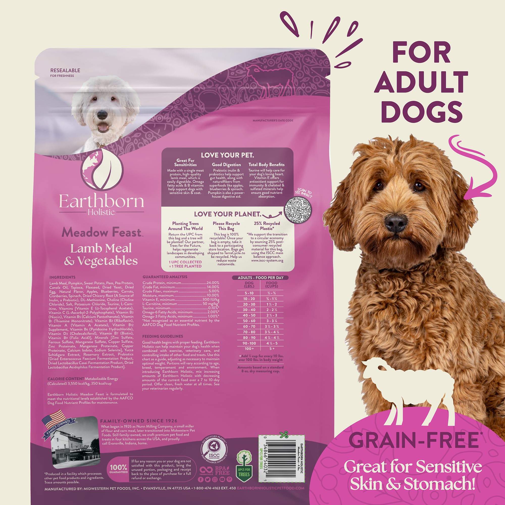 Earthborn Holistic Meadow Feast Grain-Free Dry Dog Food, Lamb Meal & Vegetables, 25 lb, Brown