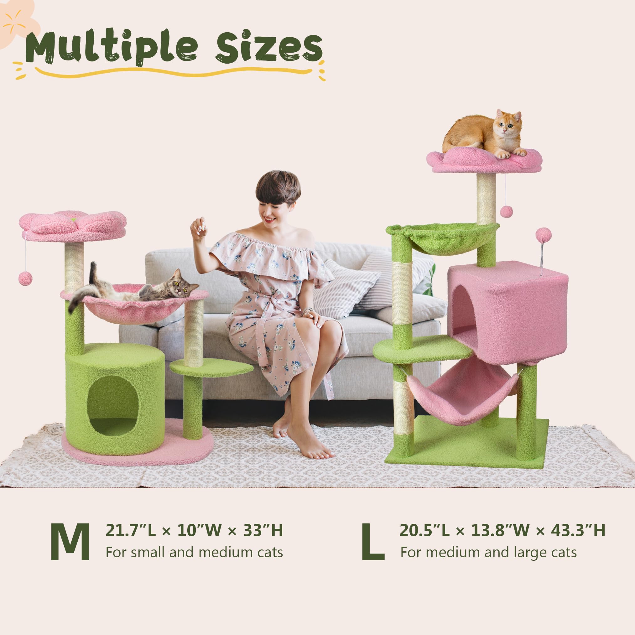 Fantasreen Cat Tree 43'' Cute Cat Tower Flower Cat Trees For Indoor Cat Condo With Hanging Toys Pink Large Top Perch For Kittens