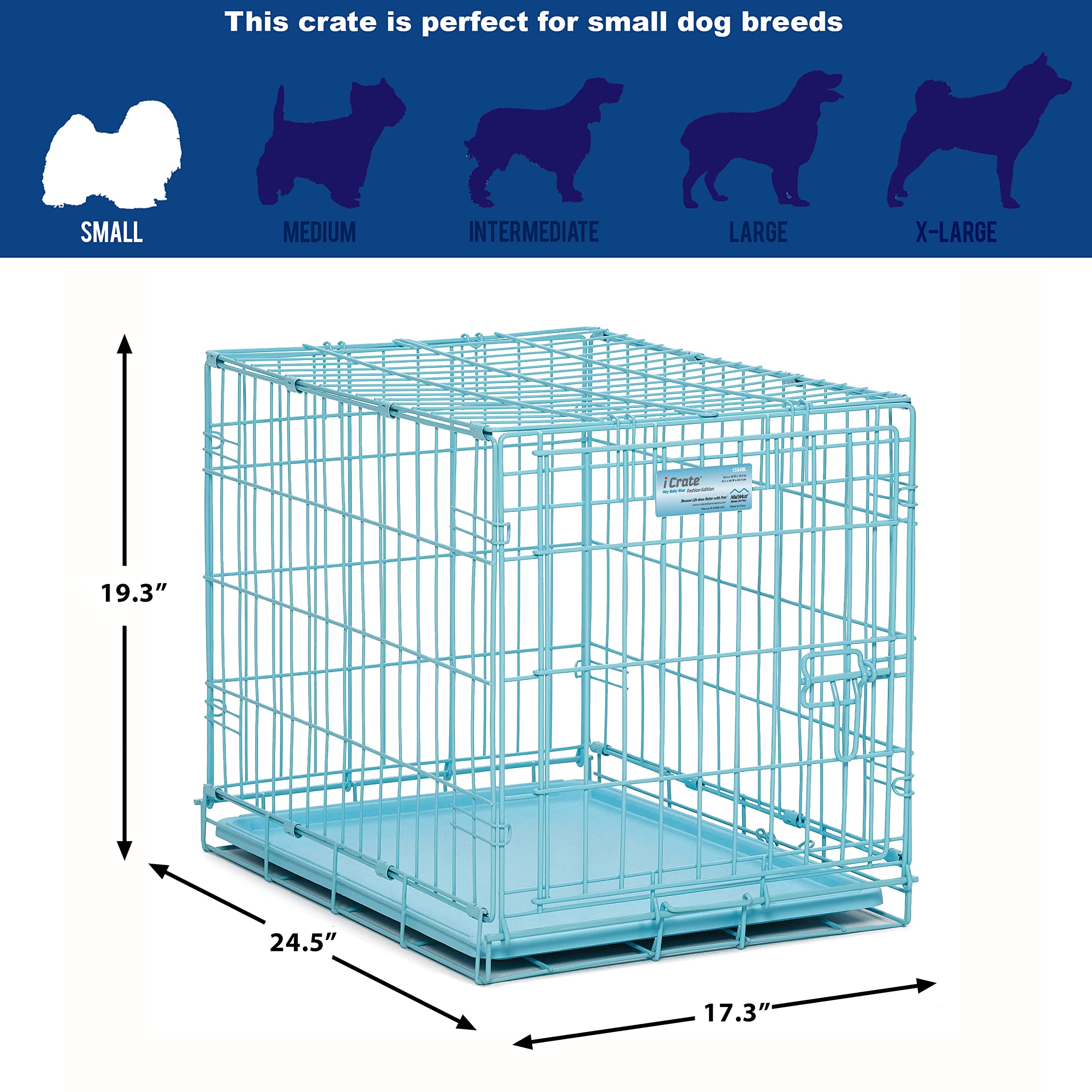 Midwest Homes For Pets Single Door Blue Folding Metal Dog Crate W/ Divider Panel, Floor Protecting 'Roller' Feet & Leak Proof Plastic Tray, 24L X 18W X 19H Inches, Small Dog Breed