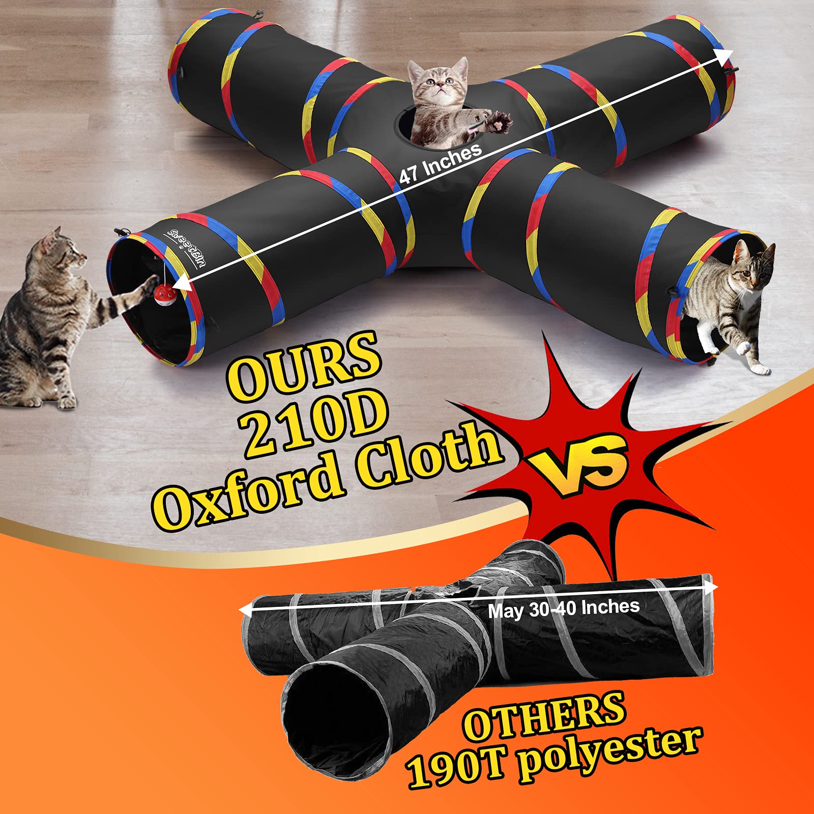 SweetBin Cat Tunnel Toy - 4 Way Large 47" Indoor Cat Tube, 10" Diameter, Black with Play Ball & Mouse