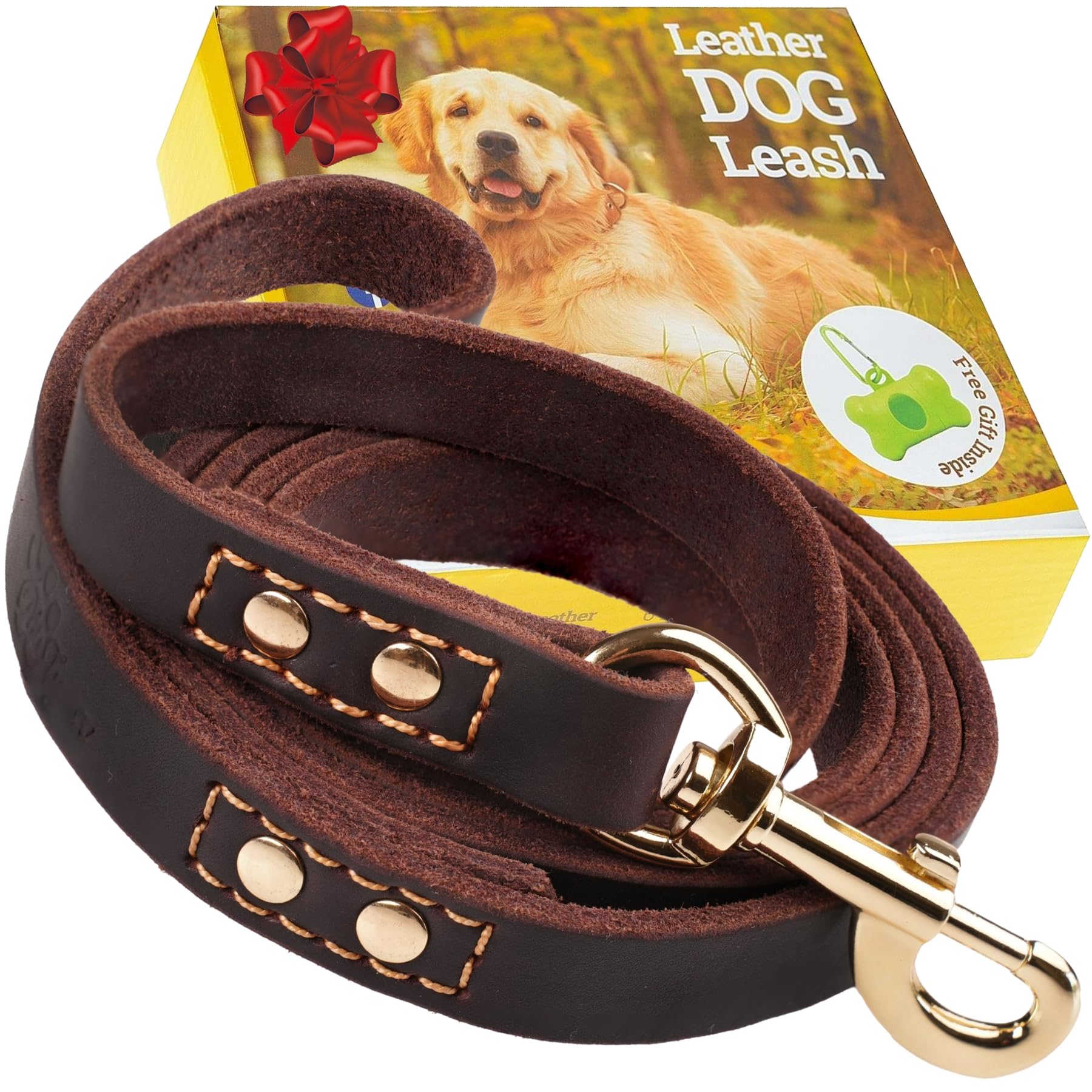 Leather Dog Leash 6 Ft X 3/4 Inch - Soft, Strong, Heavy Duty For Large & Medium Breeds - Dog Lead For Walking (Brown - Gold Colo