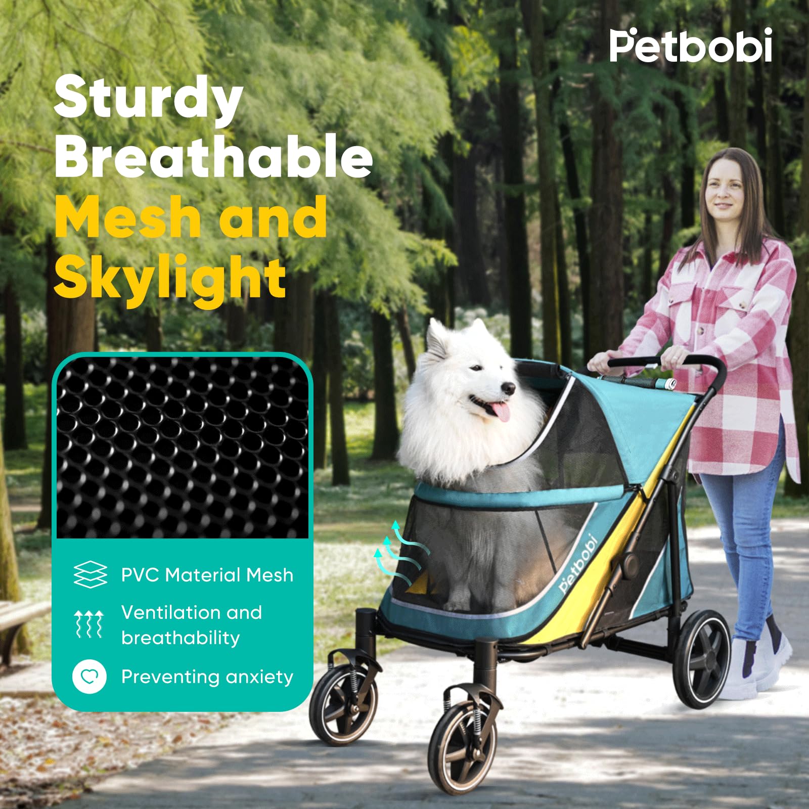 Petbobi Dog Stroller for Large Dogs - Easy Fold, Dual Entry, All Terrain, Green, up to 80 lbs