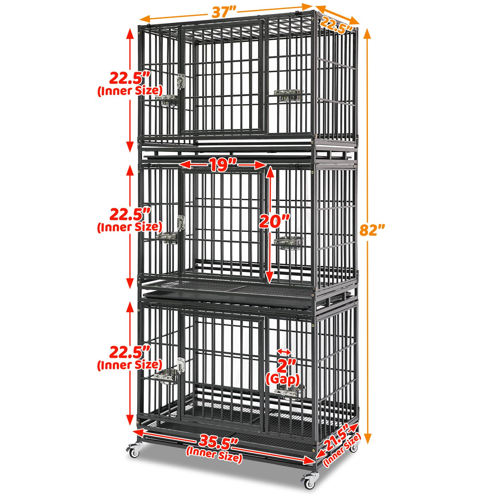 Homey Pet 2 Pack Three Tiers 37 Inch Dog Crate Stackable, Escape Proof Dog Cage Kennel Indoor With Top Access And Lockable Wheel