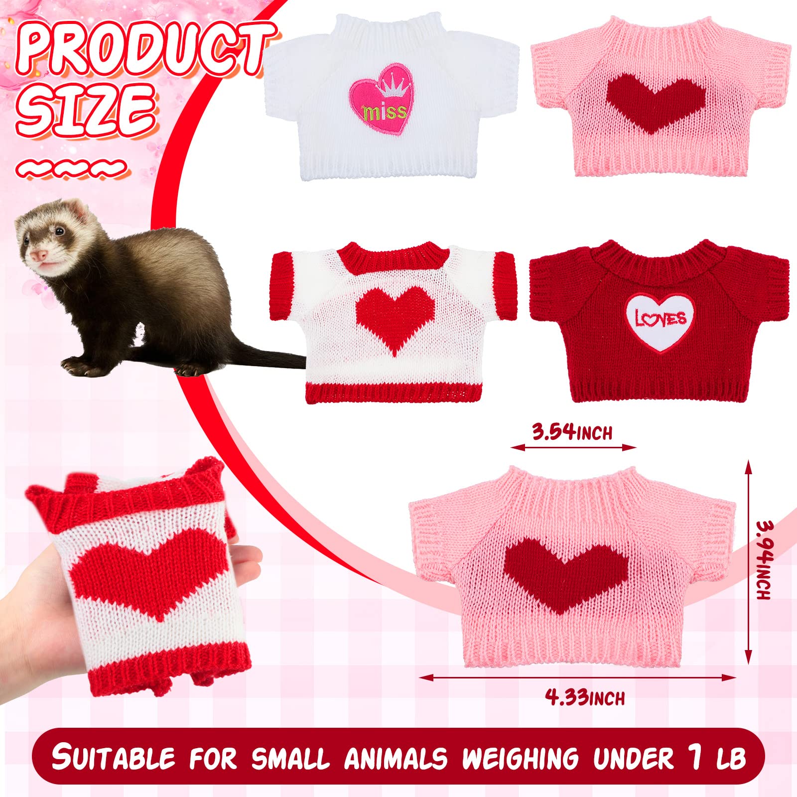 4 Pcs Ferret Clothes Hamster Sweater Guinea Pig Clothes Bunny Costume Knitted Sweatshirt for Warm Winter Valentine Christmas Ves