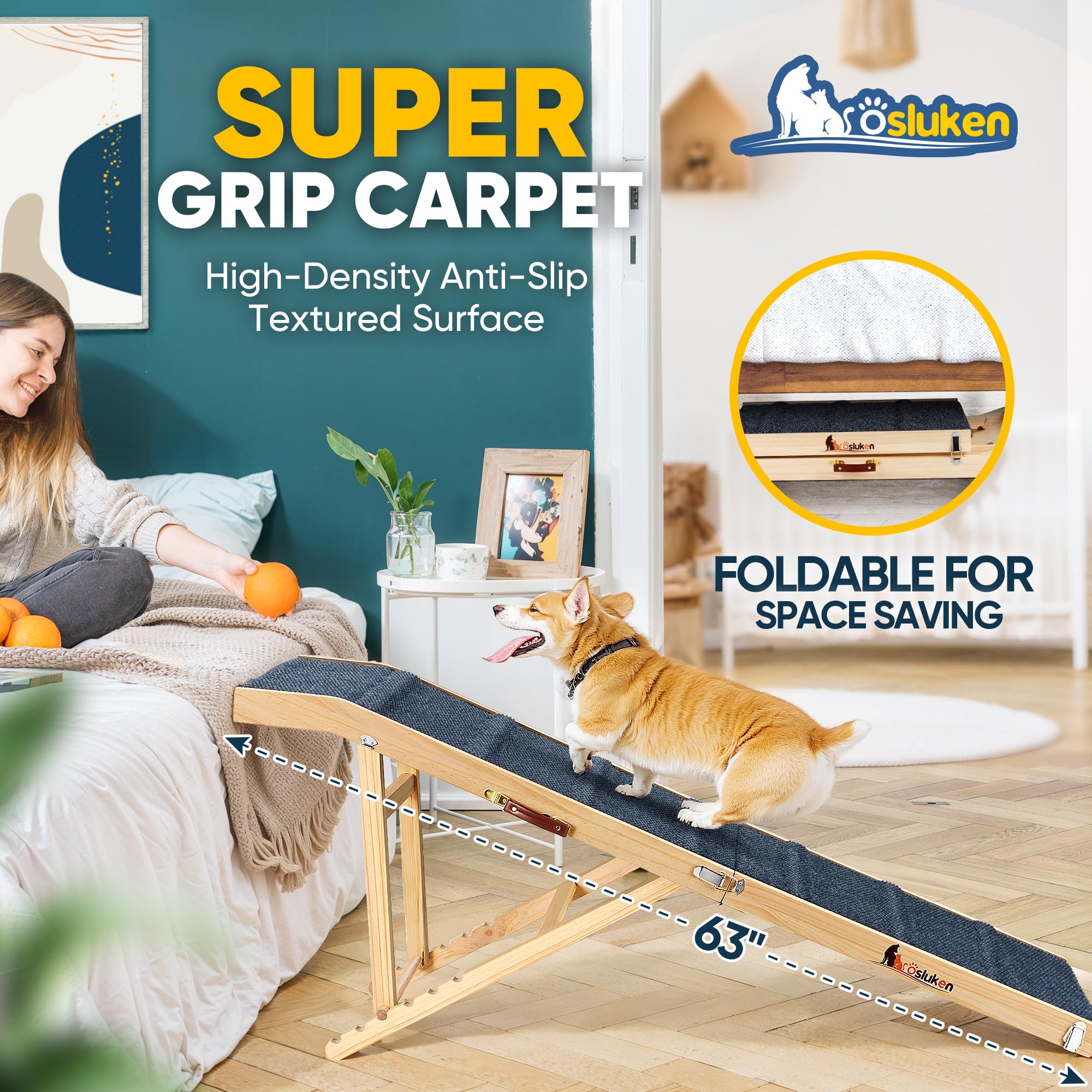 ???????? ???????????????? Dog Ramp For Bed, 63'' Long Foldable Pet Ramp For Small Large Dogs, Dog Ramps For High Beds Car, High