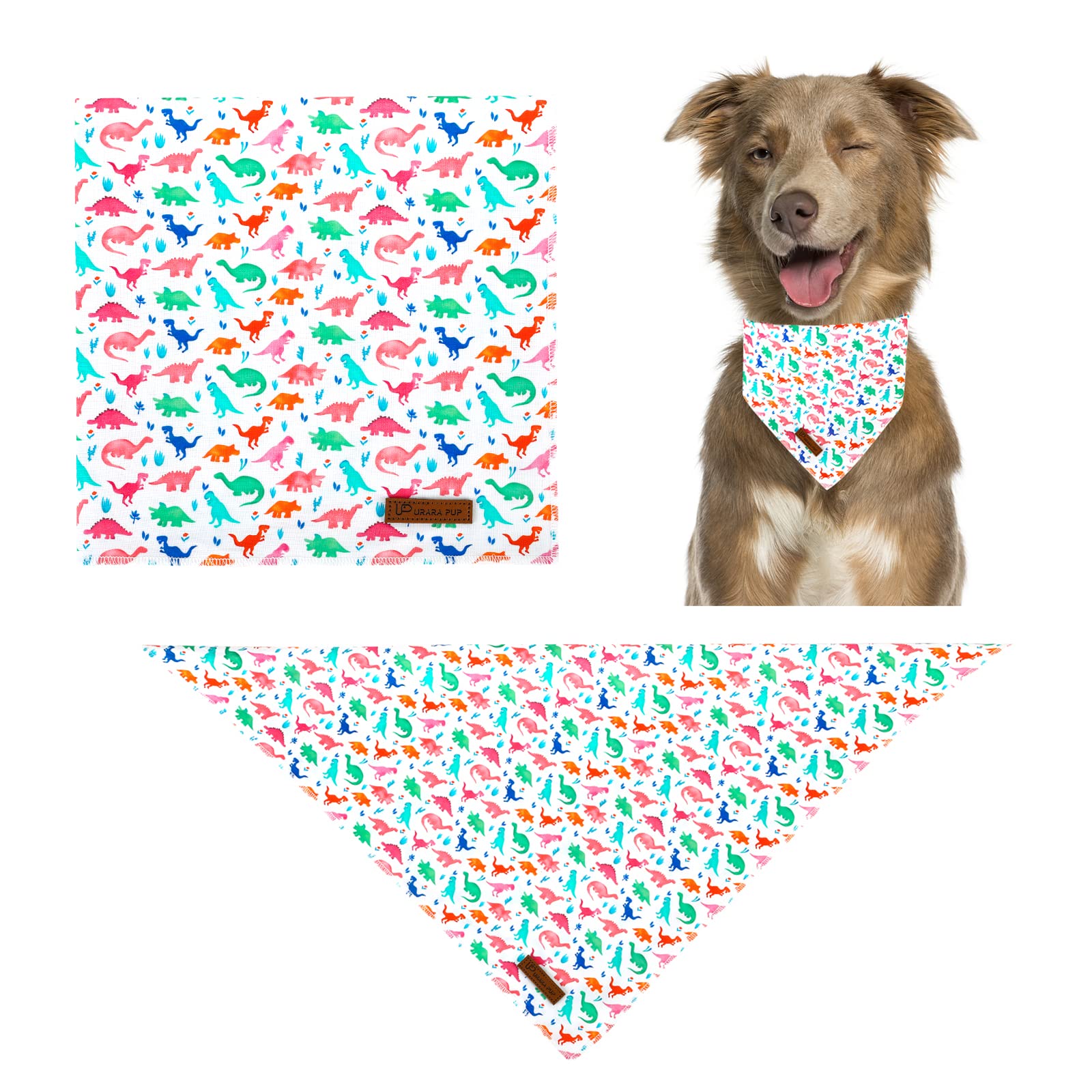 Up Urara Pup Dinosaur Dog Bandana - Comfortable Cotton Triangle Bid Scarf For Medium Large Dogs - Washable Pet Kerchief For Boys