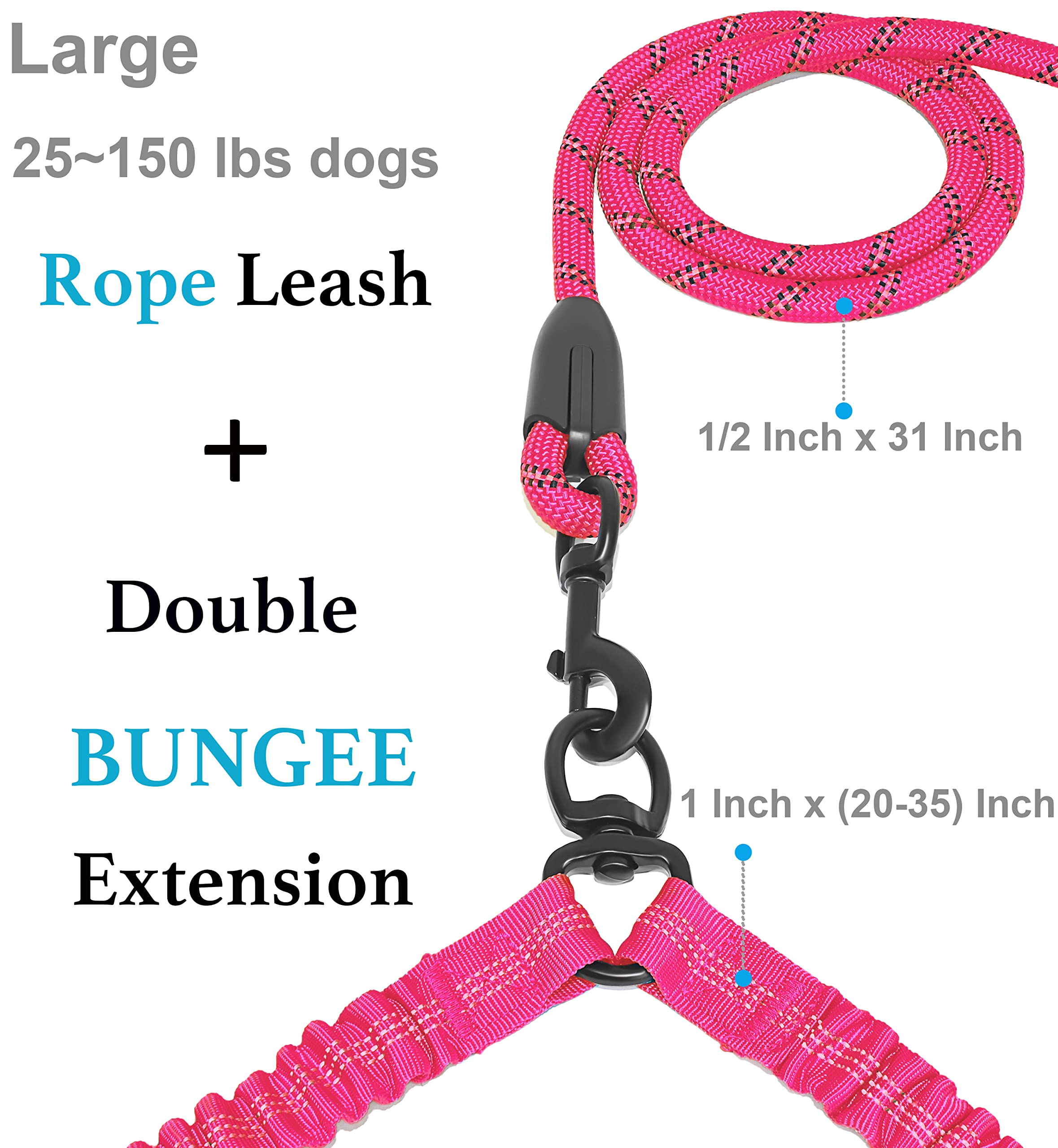 Iyoshop Dual Dog Leash, Double Dog Leash, 360 Swivel No Tangle Walking Leash, Shock Absorbing Bungee For Two Dogs, Pink, Large (25-150 Lbs)