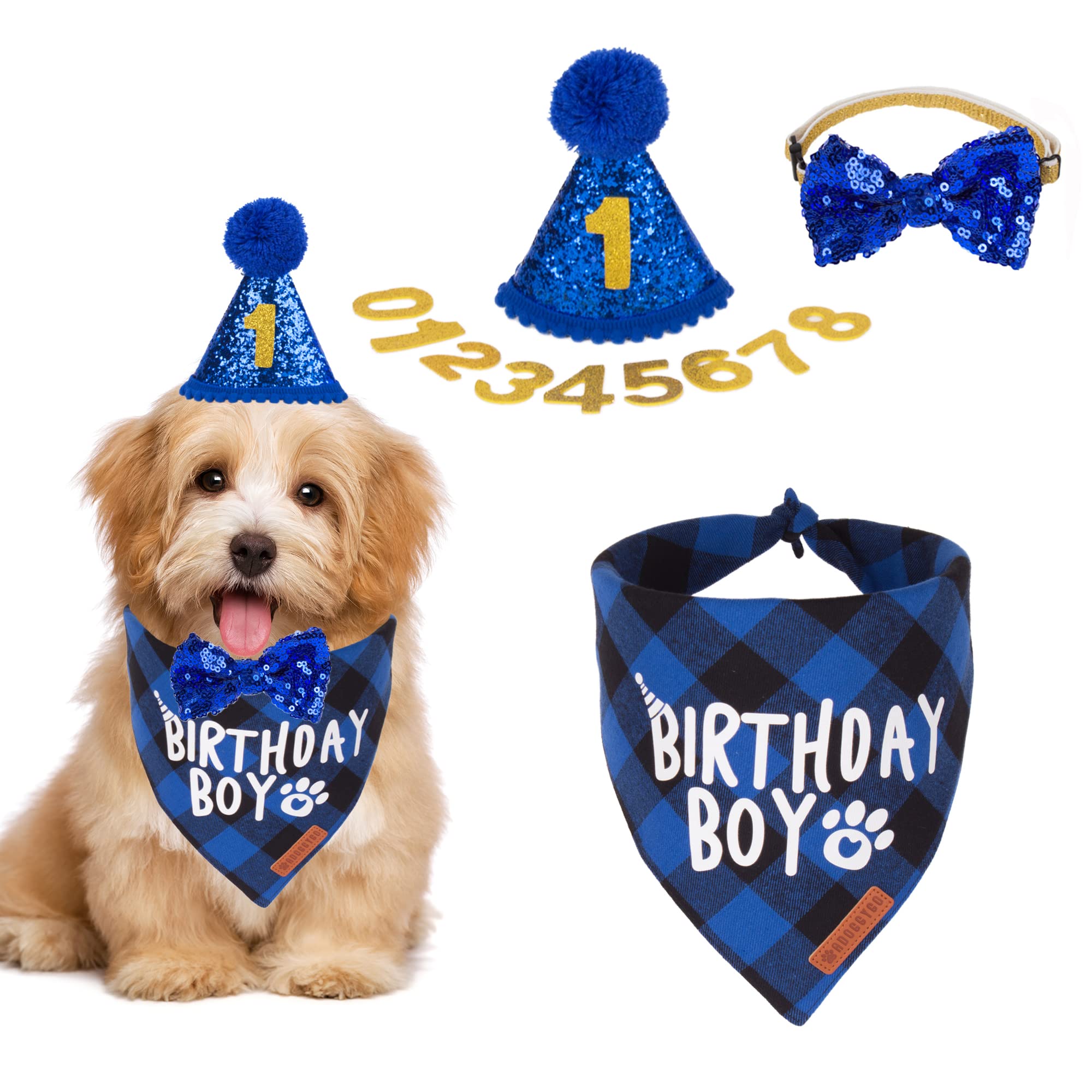 Adoggygo Dog Birthday Party Supplies, Multi Size Offered, Birthday Boy Dog Bandana, Dog Birthday Hat With Numbers For Small Dogs Pets (Small, Blue)