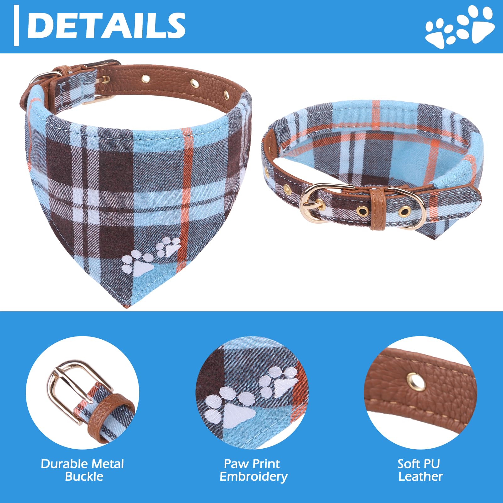 Expawlorer Dog Collar And Leash Set - Embroidery Pawprints Plaid Medium Dog Collar And Leash Set, Cute Dog Bandana Collar, Dog C