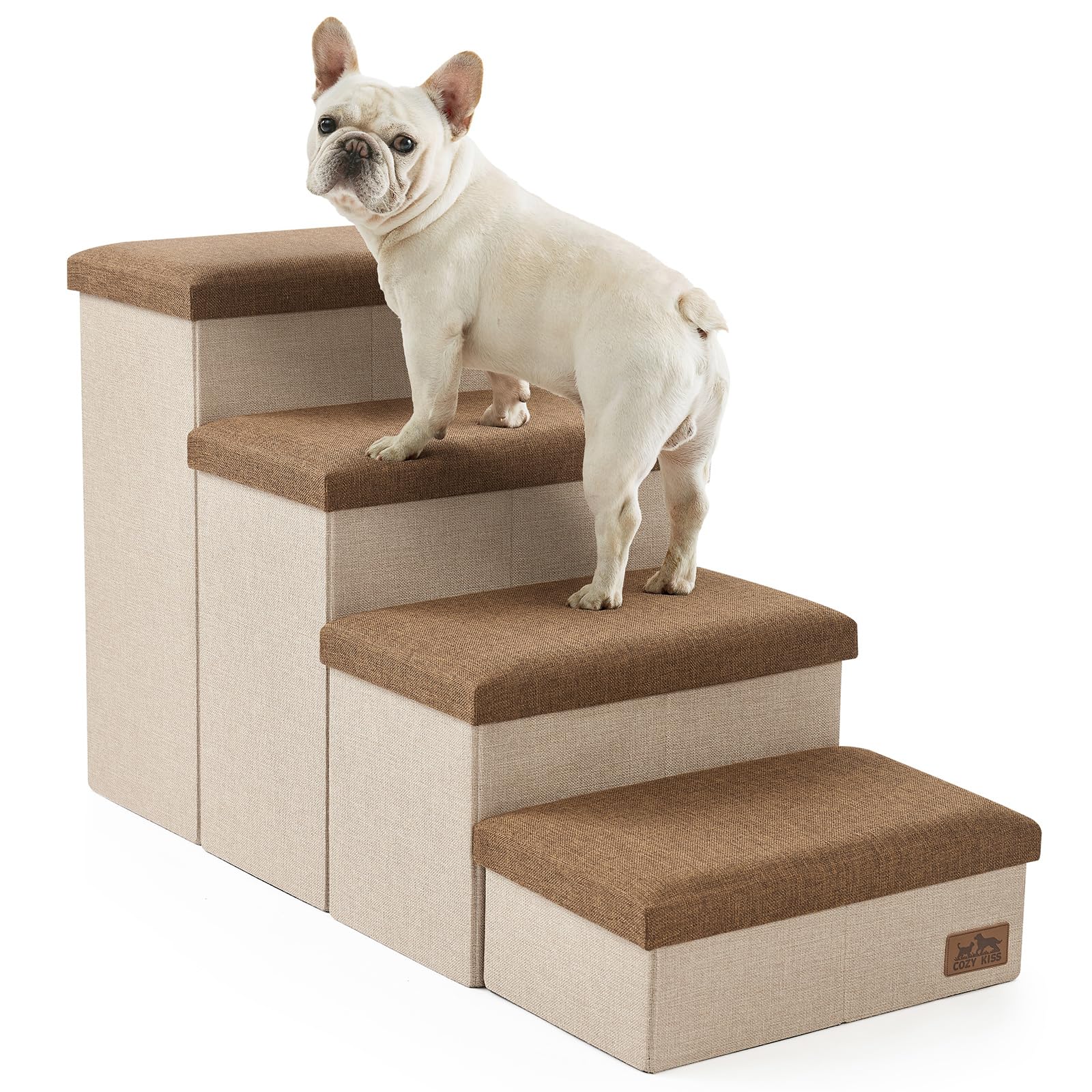 Dog Stairs with Storage, 4-Step Wider Sturdy Dog Steps for Small/Medium/Large Dogs and Older Cats, Folding Doggie Ramp for Bed/C