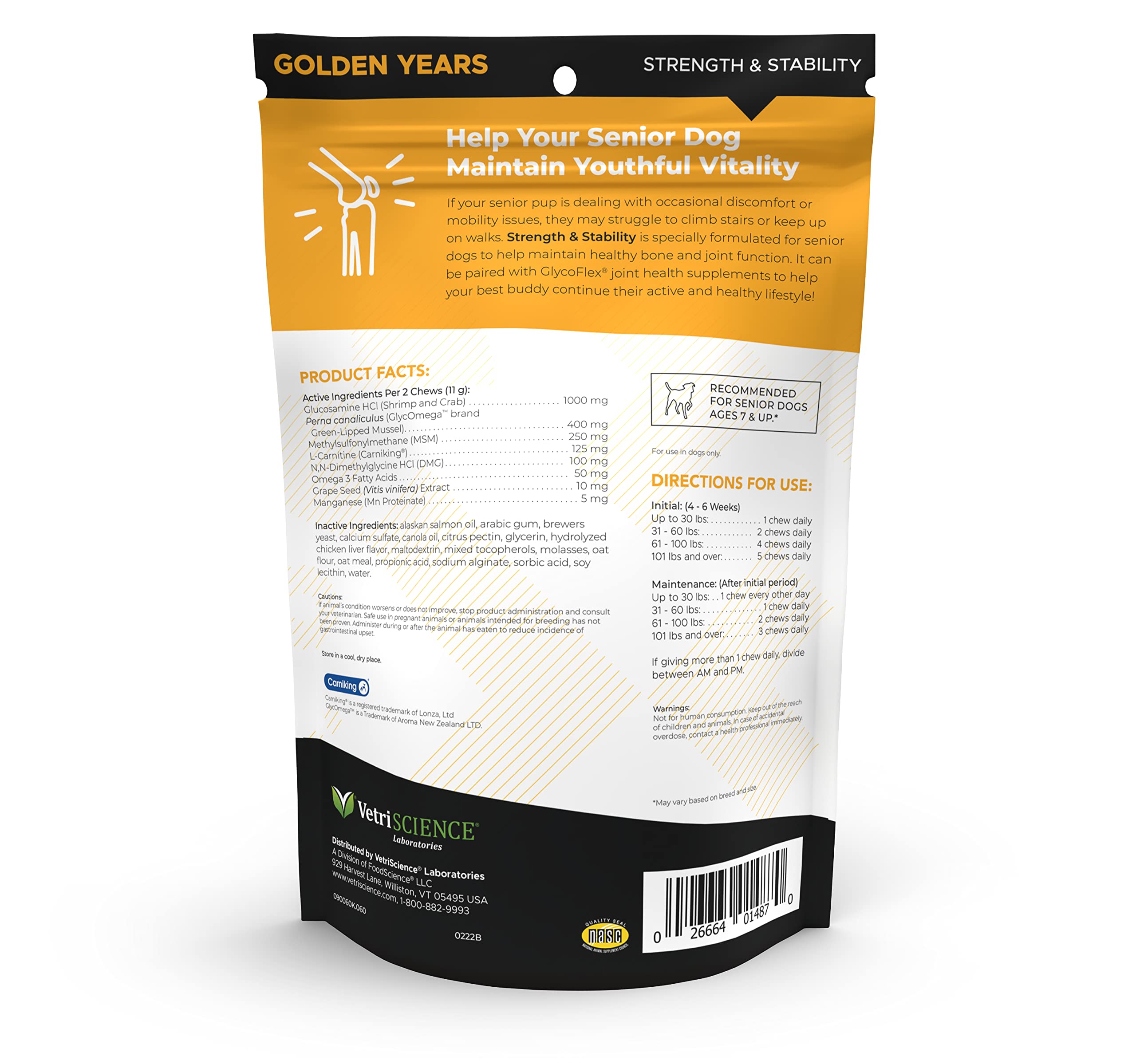VetriScience Golden Years Strength and Stability Hip and Joint Chews for Senior Dogs, Chicken, 60 Chews - Limping, Mobility, Run
