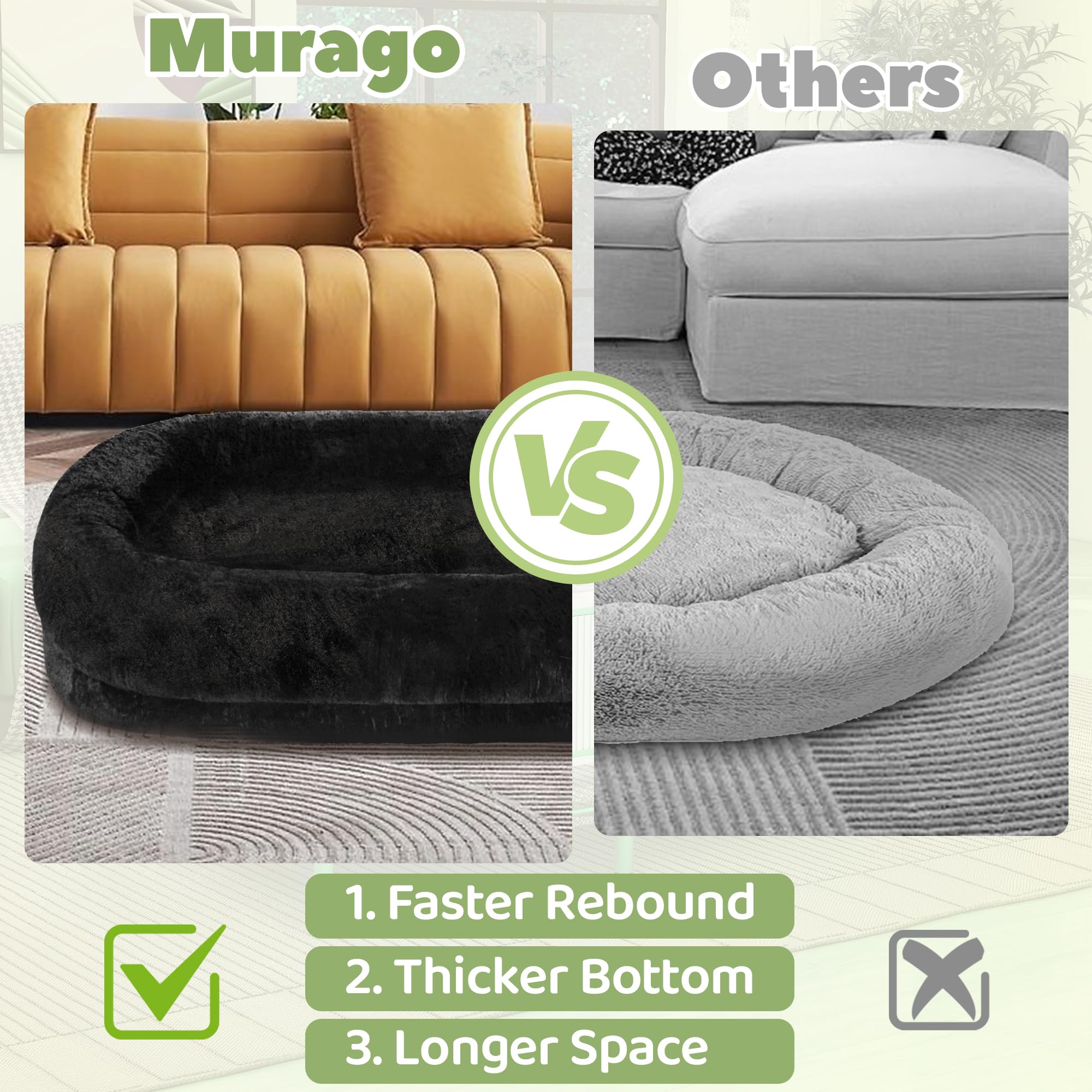 Murago Human Dog Bed, Orthopedic Design, Removable Cover, 43"x10"x71", Black Polyester