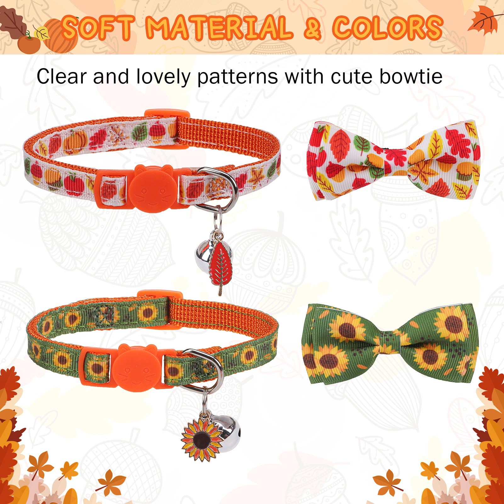 Scenereal Fall Cat Collar Breakaway With Bell And Bowtie, 2 Pack Cute Holiday Cat Collars, Adjustable Kitten Collar, Safety Buck