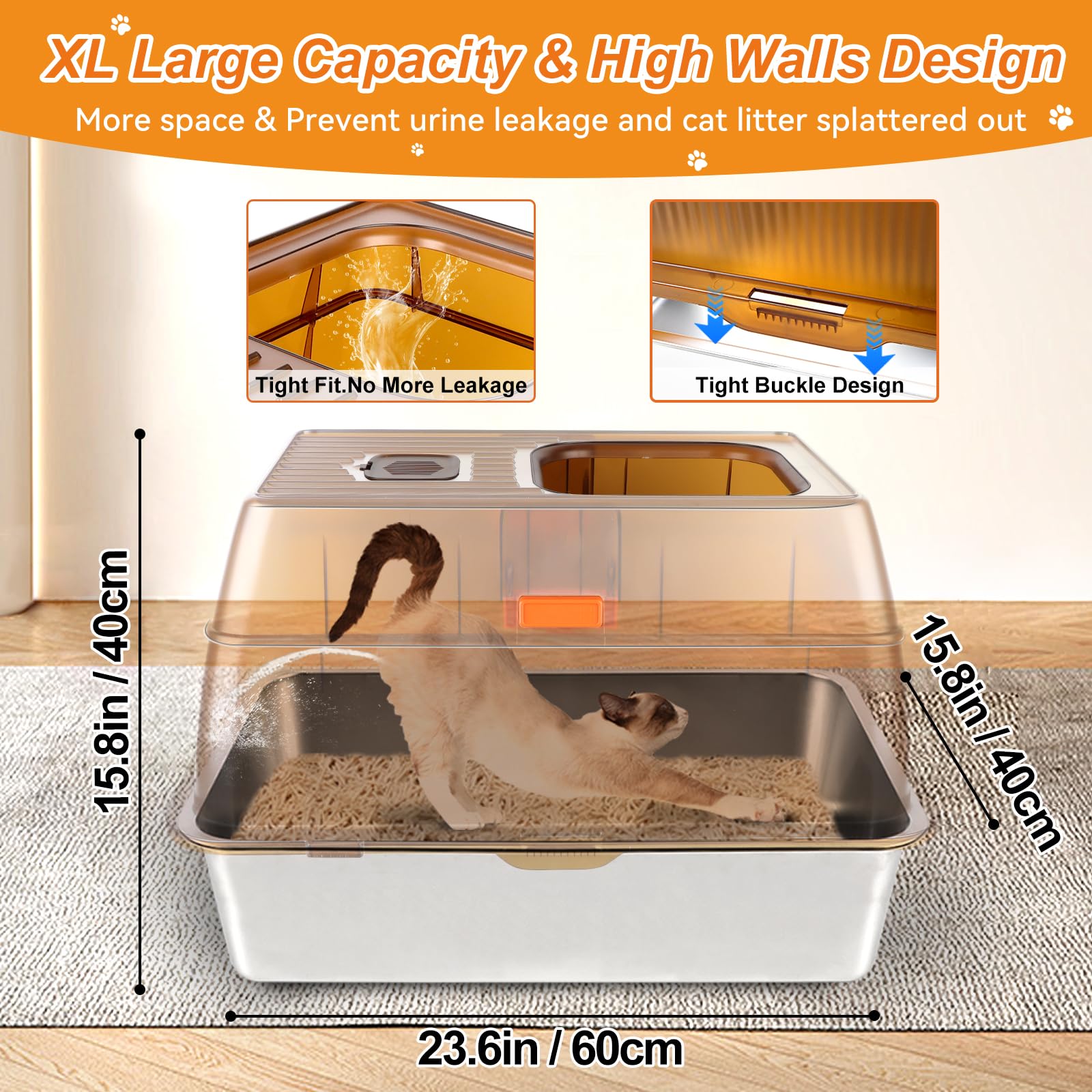 Bartuke Stainless Steel Cat Litter Box With Lid, Extra Large Enclosed Litter Box For Big Cats High Sided Metal With Removable Li