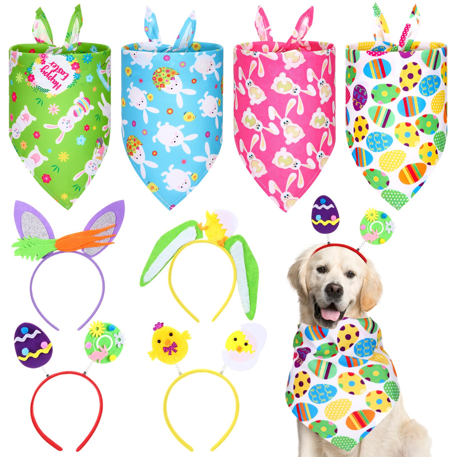 Miniinflat 8 Pieces Easter Dog Costume Set 4 Bunny Headbands For Dogs 4 Bandanas Sequin Egg Boppers For Small, Medium & Large Pe