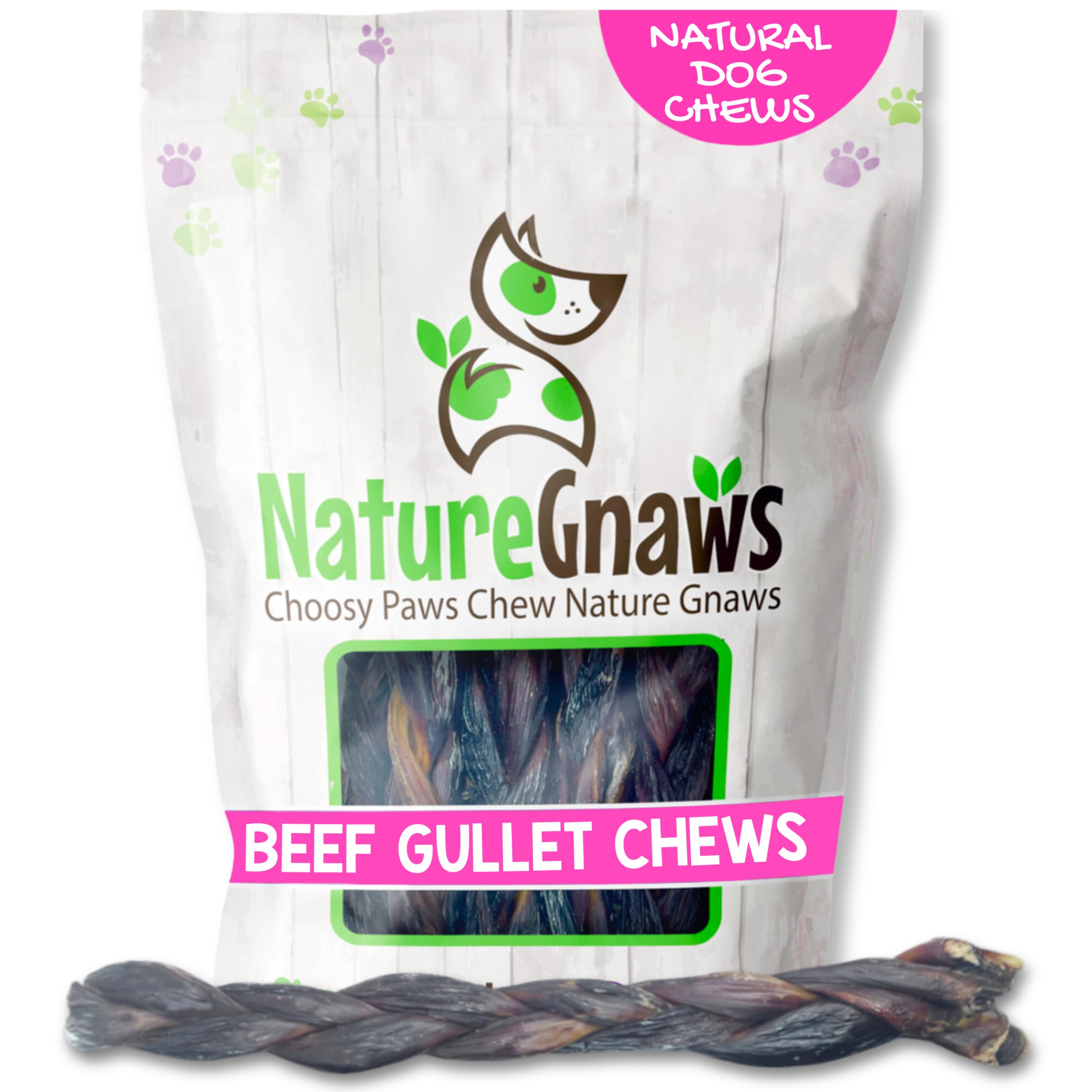 Nature Gnaws Braided Beef Gullet Chews for Dogs 11-12 (5 Count) - Long Lasting for Aggressive Chewers and Large Dogs - Natural B