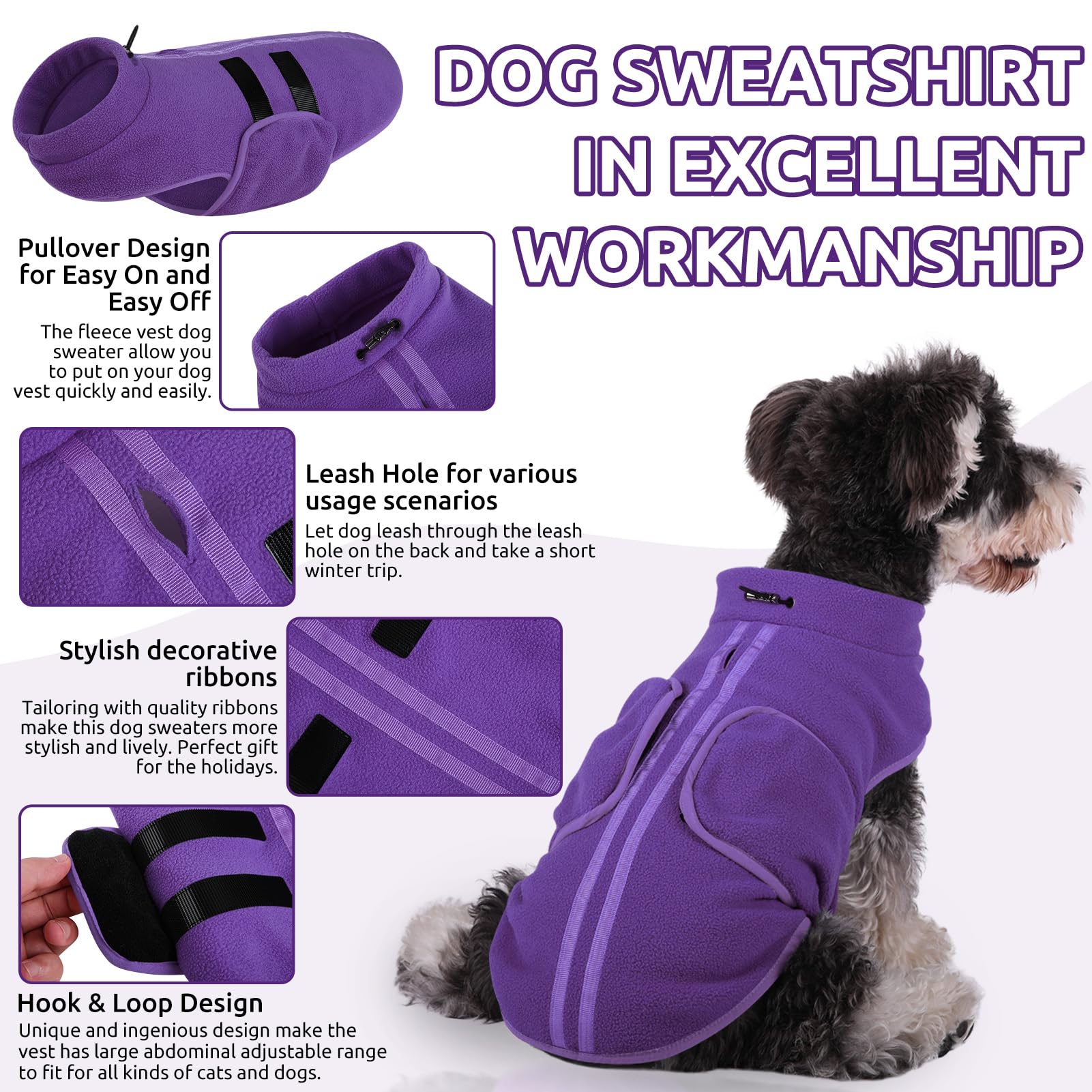 Queenmore Xxs Dog Sweaters, Soft Fleece Vest Pullover Dog Jacket With Leash Hole, Warm Winter Dog Clothes Cold Weather Doggy Dachshund Sweater For Small Dogs Cats Boy Or Girl (Lavender, Xxs)