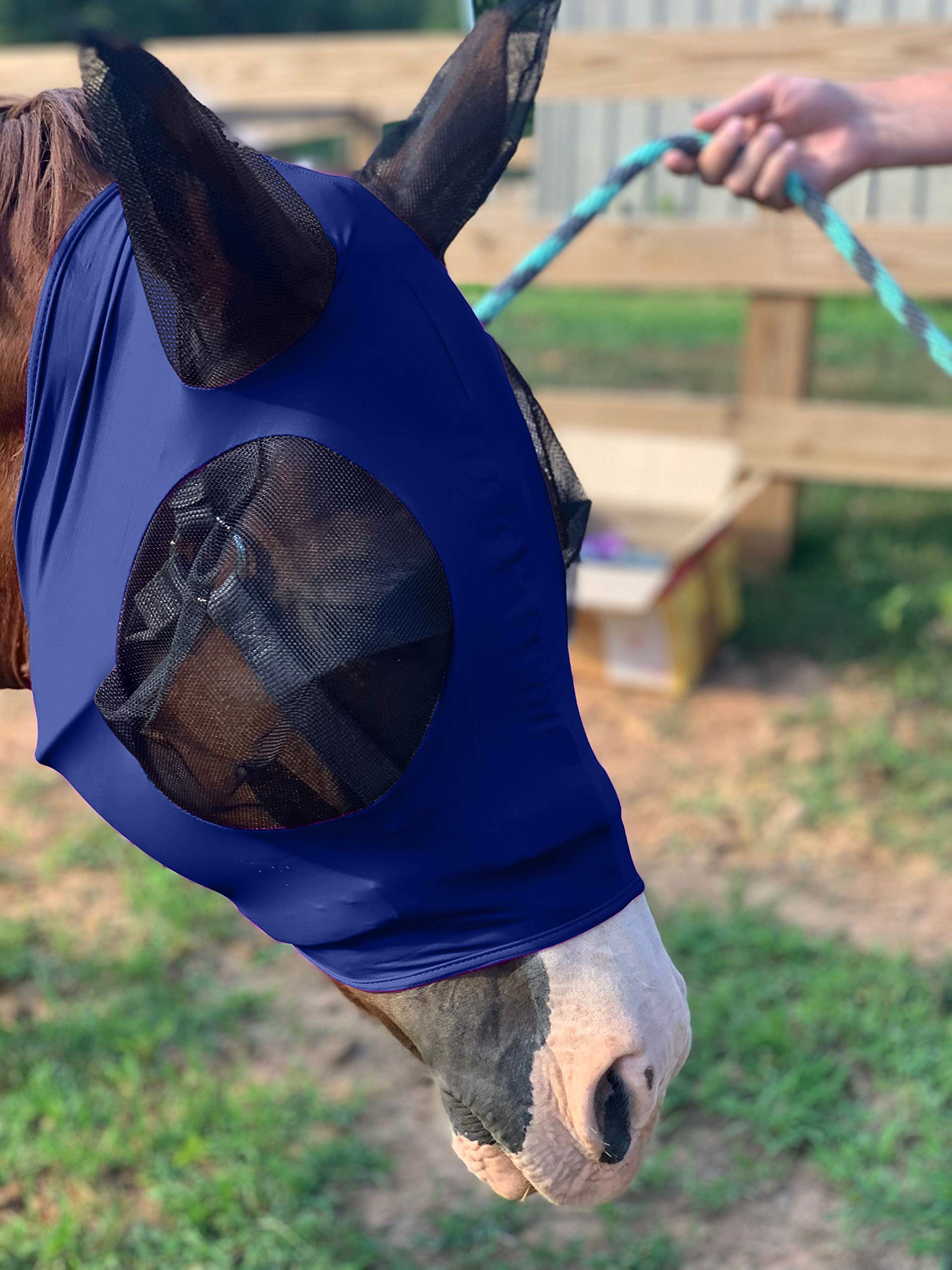Horse Fly Mask with Ears Comfort Fit Mesh Trail Pasture Sun UV Protection (Horse, Navy Blue)