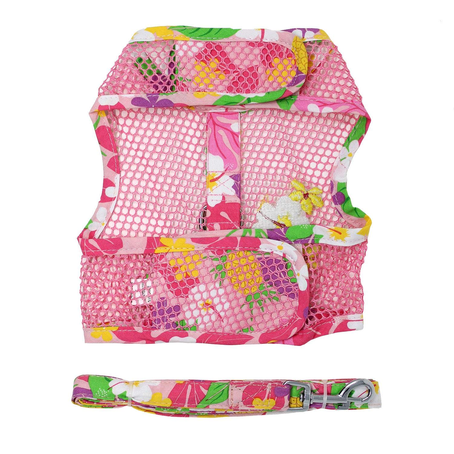 Doggie Design Cool Mesh Dog Harness With Leash Pink Hawaiian Floral (X-Small)