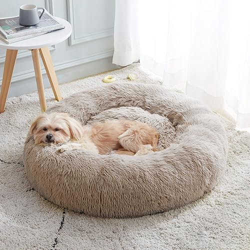 Calming Dog Bed & Cat Bed, Anti-Anxiety Donut Cuddler Warming Cozy Soft Round Fluffy Faux Fur Plush Cushion bed for Small Medium