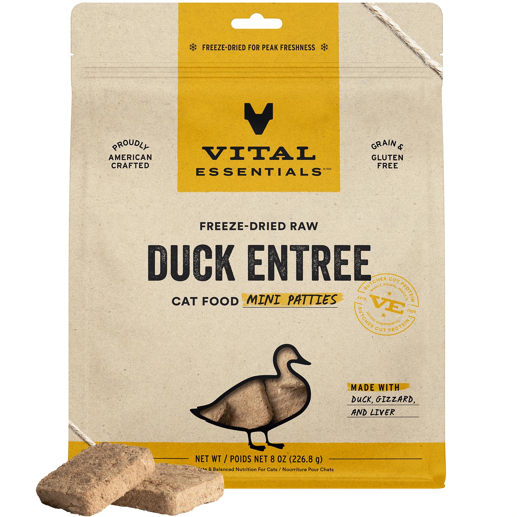 Vital Essentials Freeze Dried Raw Cat Food, Duck Mini Patties Entree, 8 oz