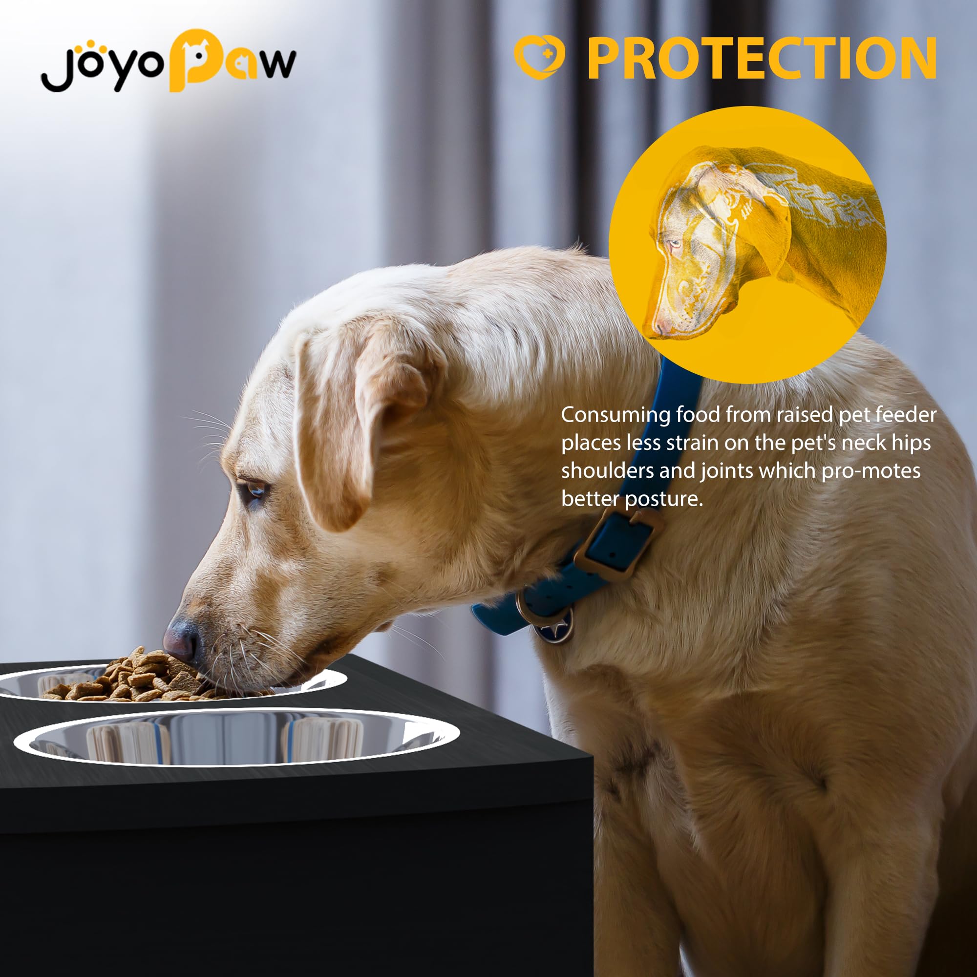 JOYOPAW Elevated Dog Bowls - Bamboo Raised Bowl for Large & Medium Dogs, 10'' Tall, Black, 2 Stainless Steel Bowls, Model FR01