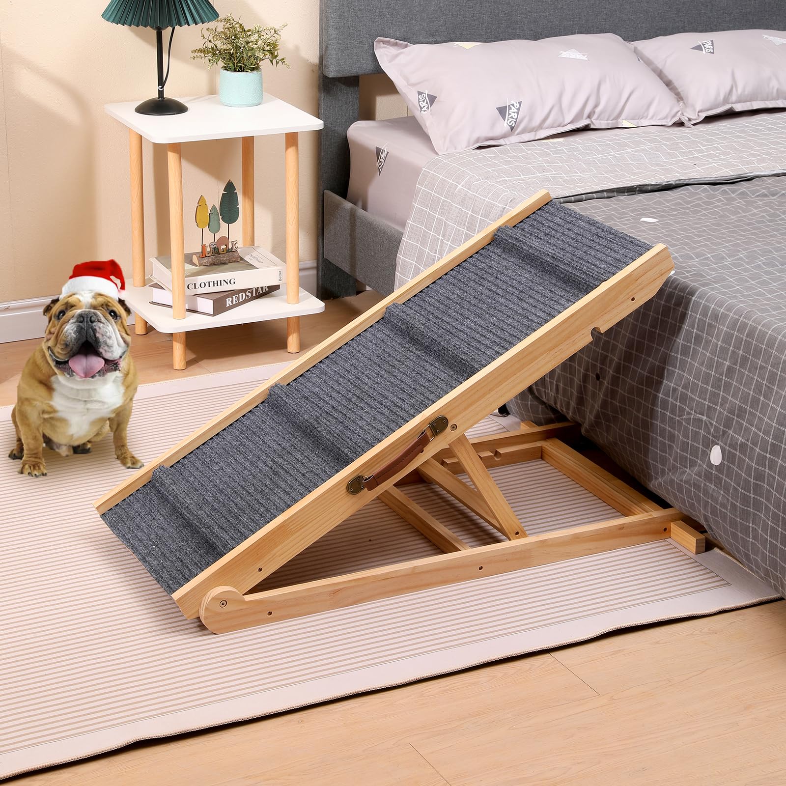 QUCHRYO Foldable Wooden Dog Ramp - 5-Level Non-Slip Steps for Dogs & Cats, Natural Color, Indoor/Outdoor Use, Model QUANC003