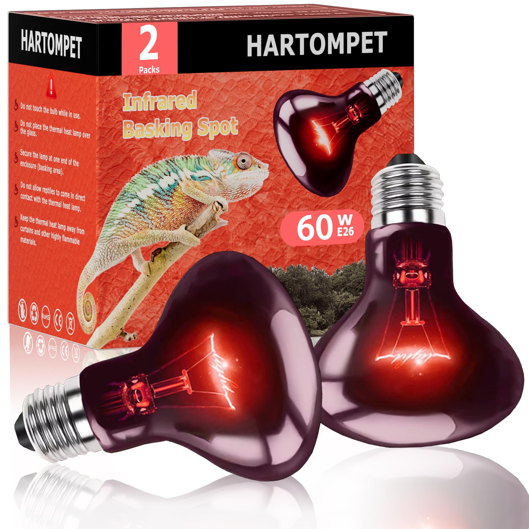 Hartompet 60W Infrared Red Heat Lamp - Basking Spot Bulb For Reptiles, Bearded Dragons, Chameleons, Snakes & Lizards; Ideal Red 
