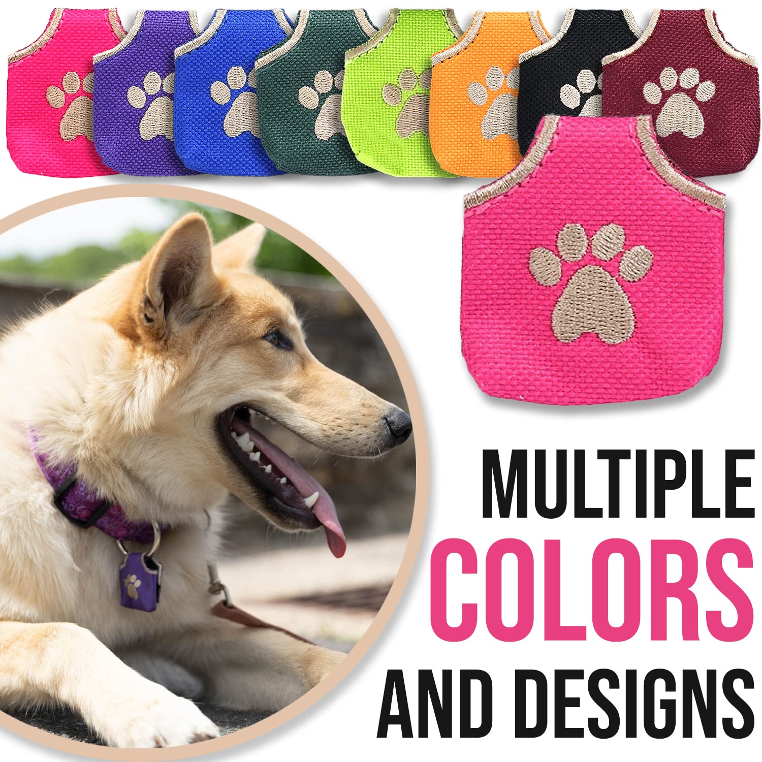 Woofhoof Dog Tag Cover - Durable Nylon, Pink Pawprint, Fits 4 Pet IDs, 1.75"x1.75"x0.25", Model Pea-6779, Machine