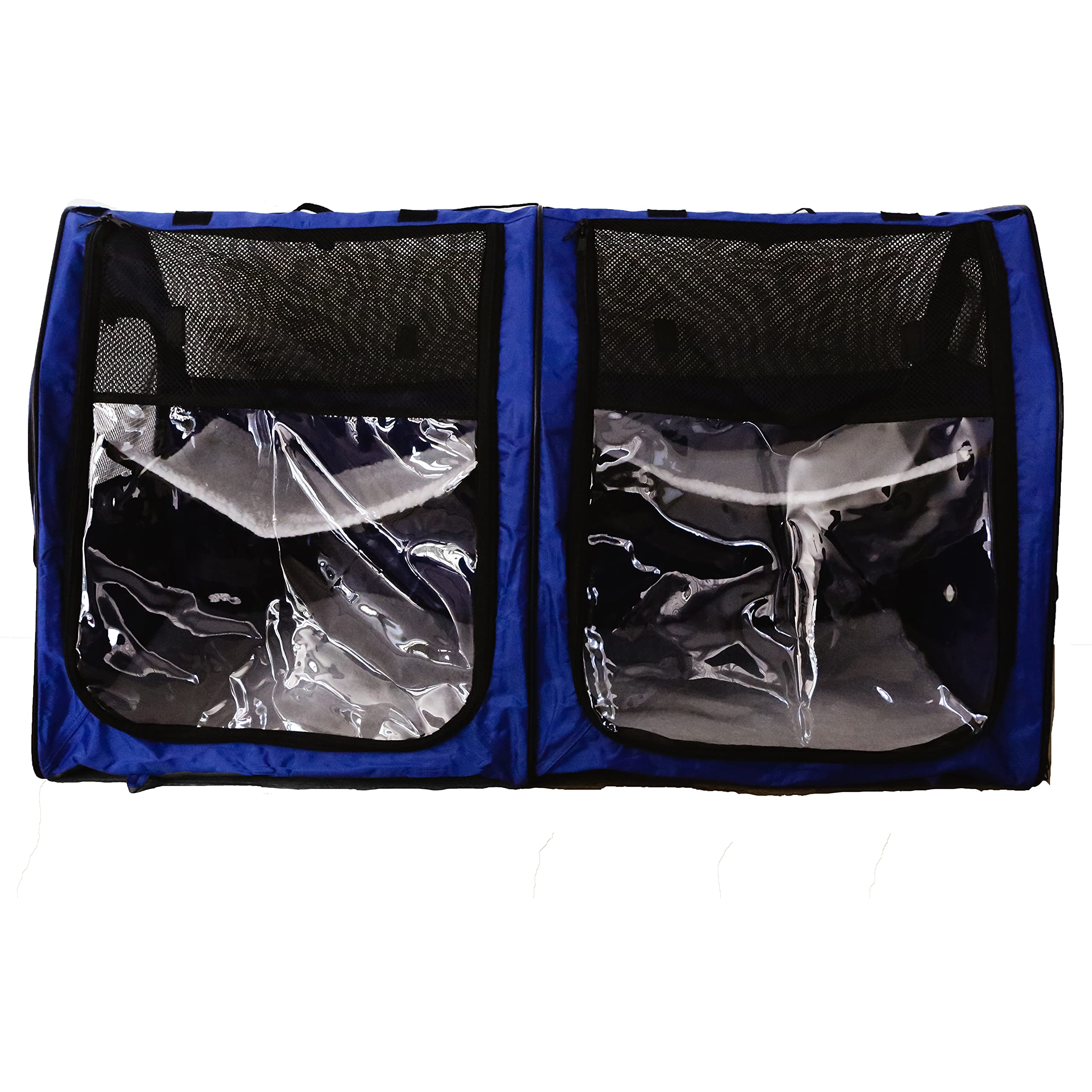 HandinHandCreations Portable Cat Show House - Blue Plastic Double Crate with Soft Mats for Home or Travel