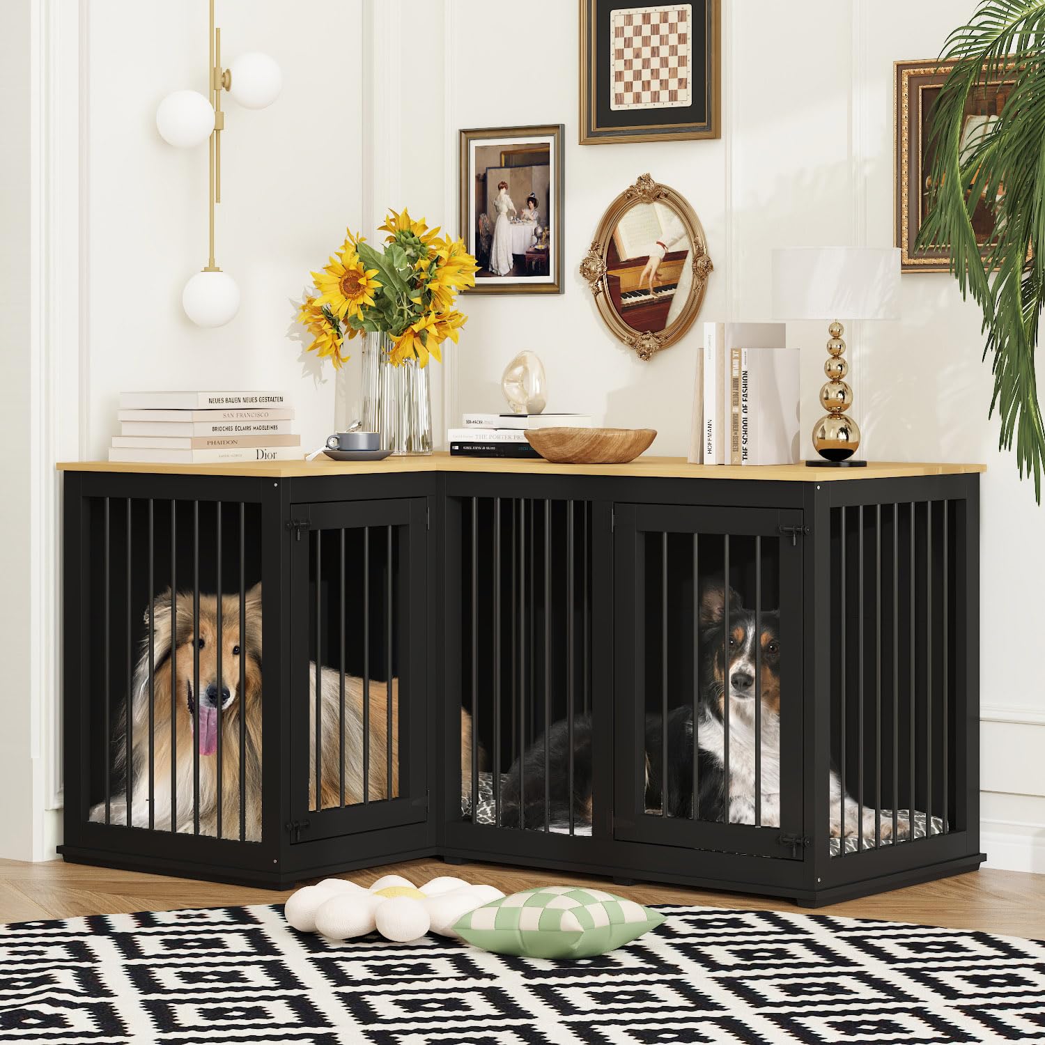 DAWNSPACES Corner Dog Crate Cage, Indoor Furniture Style Heavy Duty Dog Kennel House with Double Rooms & Removable Divider for L