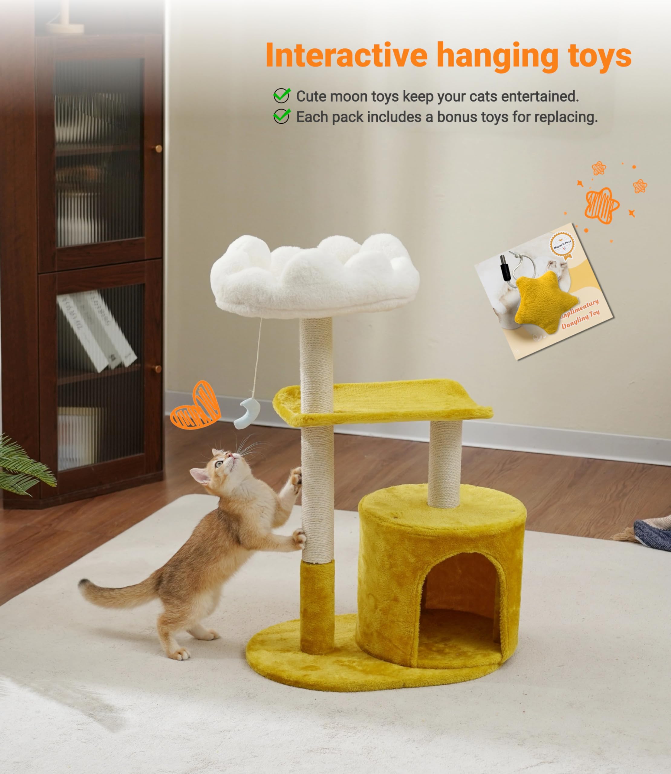 Happi N Pets Cat Tree, 33 Multi-Level Cloud Cat Tree Tower with Cozy Padded Bed & Large Condo for All Sized Cats, Featuring Scra