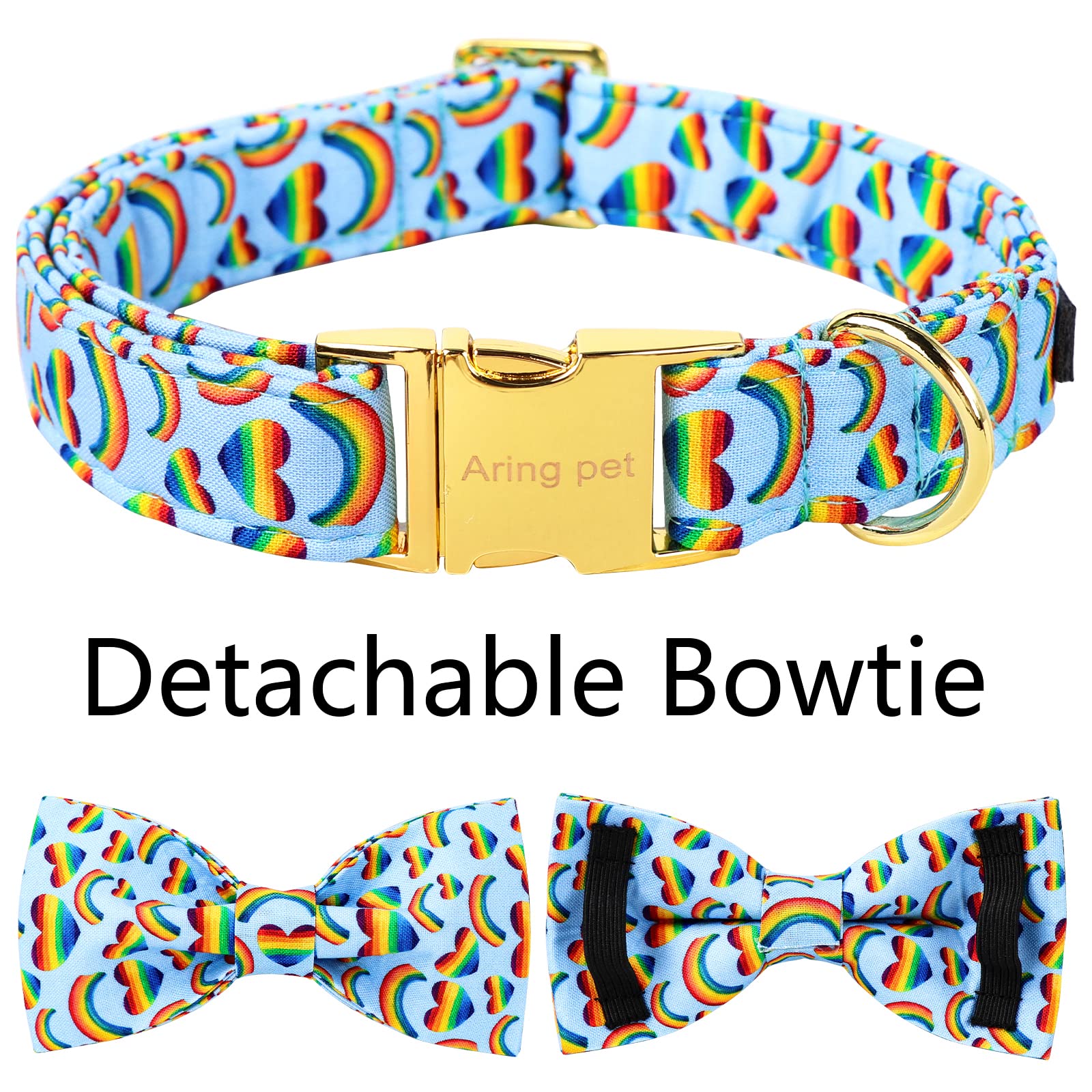 Aring Pet Lgbtq Dog Collar, Cotton Rainbow Heart Dog Collar With Bow, Adjustable Pride Dog Collar Bowtie With Metal Buckle For S