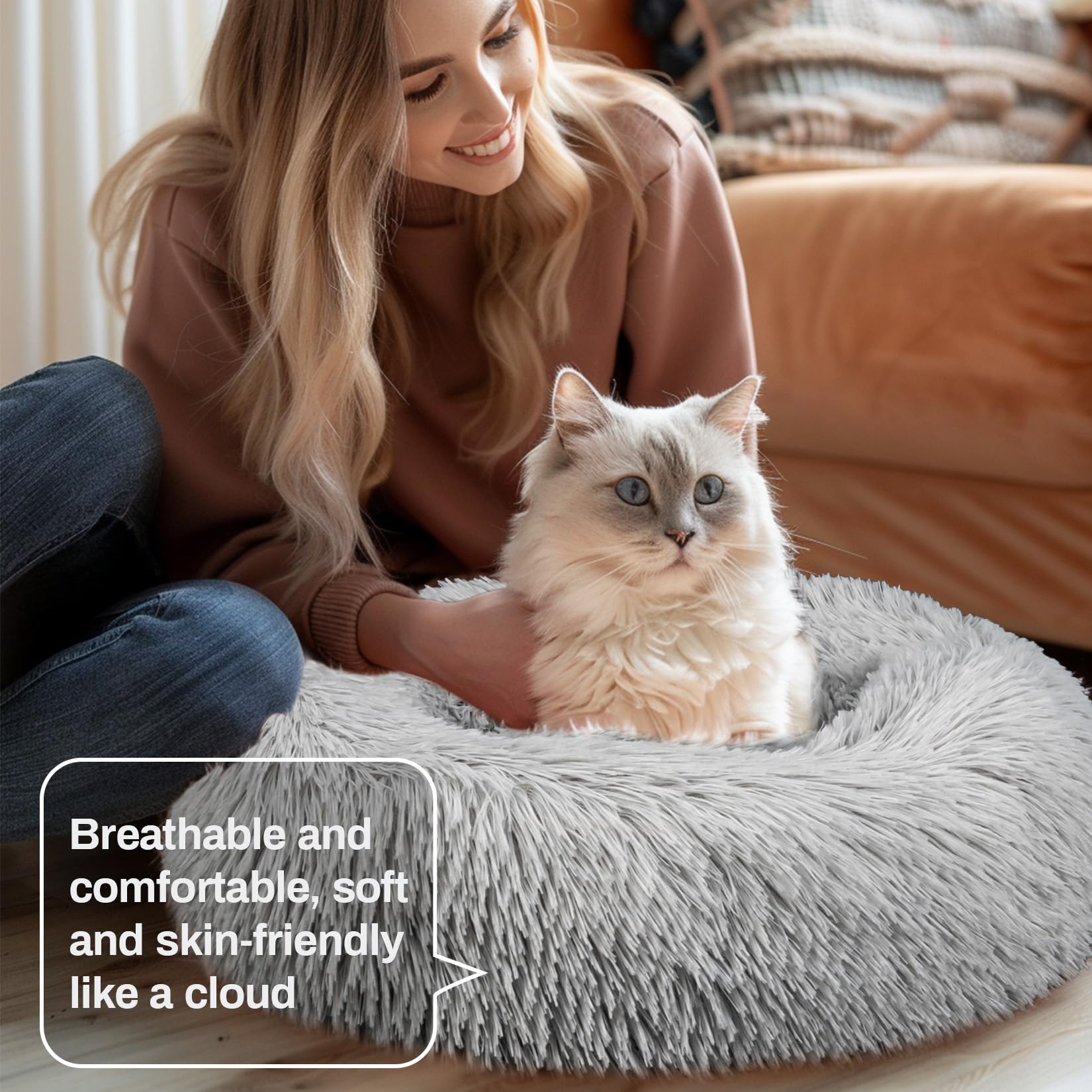 Rainflow Cat Bed - Calming Cat Bed For Small Kittens Donut Washable Round For Indoor Kittens And Puppies, Anti-Slip Round Fluffy