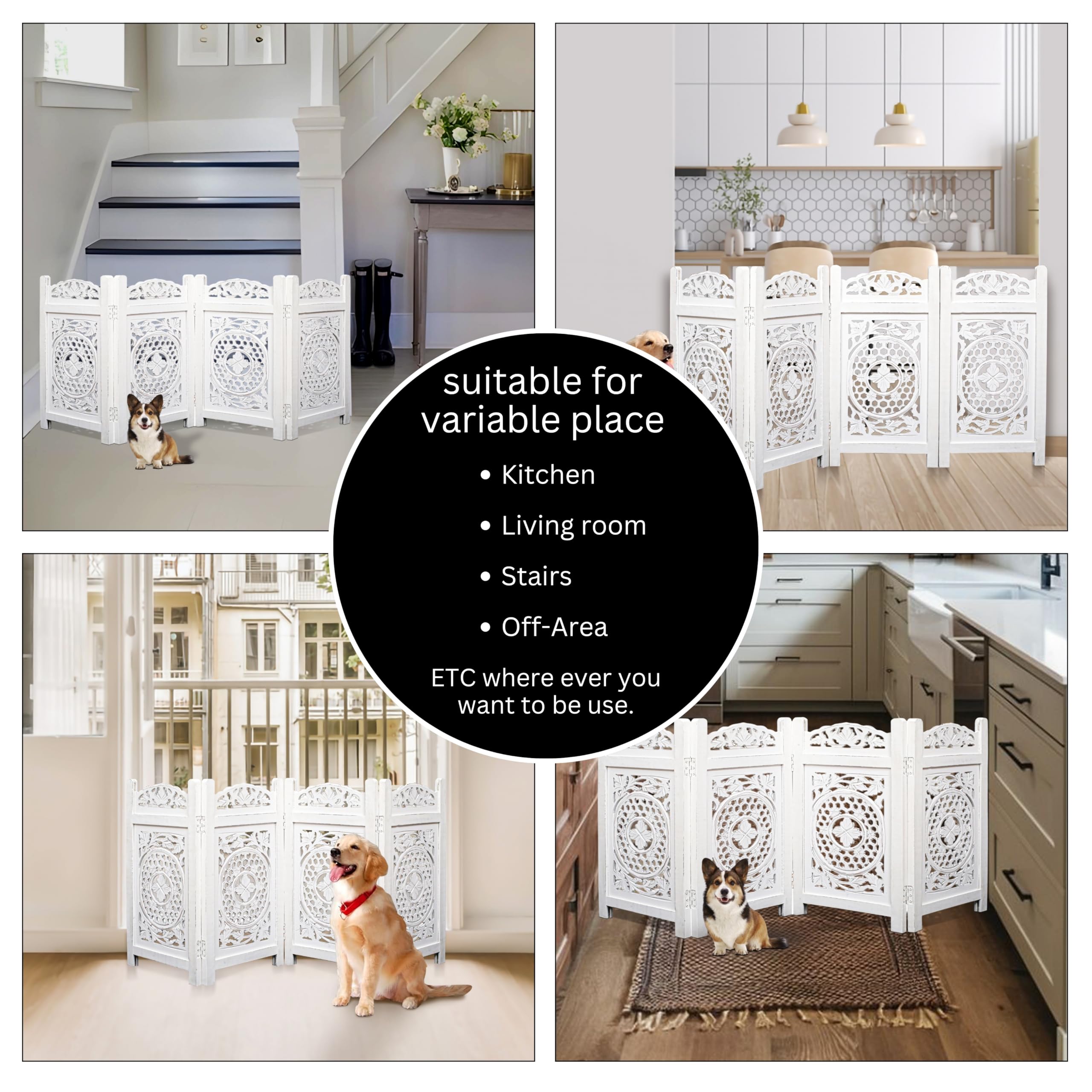 Dog Safety Gate - 4 Panels 56' Wx28 H- Hand Carved Solid Wood And Mdf Head Oval Mulsory Wooden Foldable - Free Standing Portabl