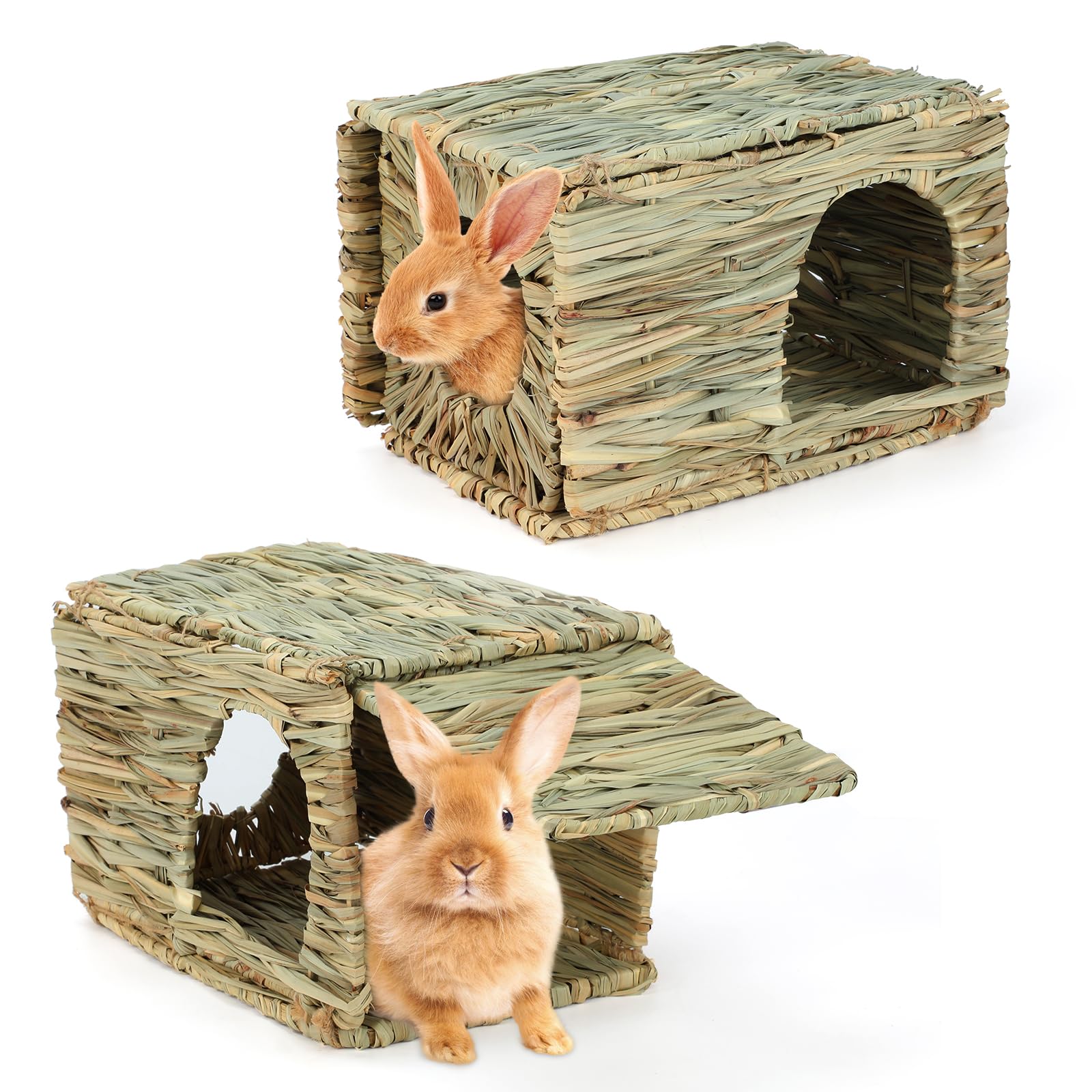 BWOGUE 2 Pack Grass Bunny House Natural Hand Woven Seagrass Hideaway Toy Hay Mat Chew Hut for Bunny Hamster Chinchilla Guinea Pi