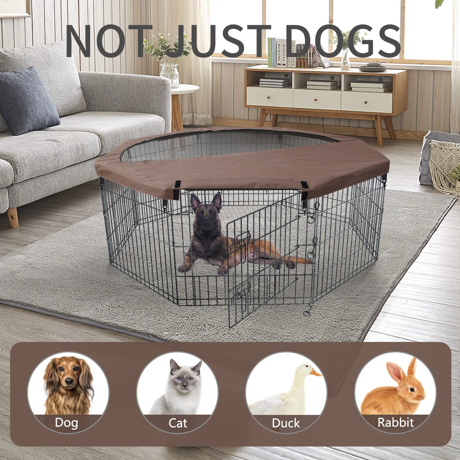 NEZUC Foldable Metal Dog Playpen Gate with Top Cover, 24" H, Brown, 8 Panels, Indoor/Outdoor Use