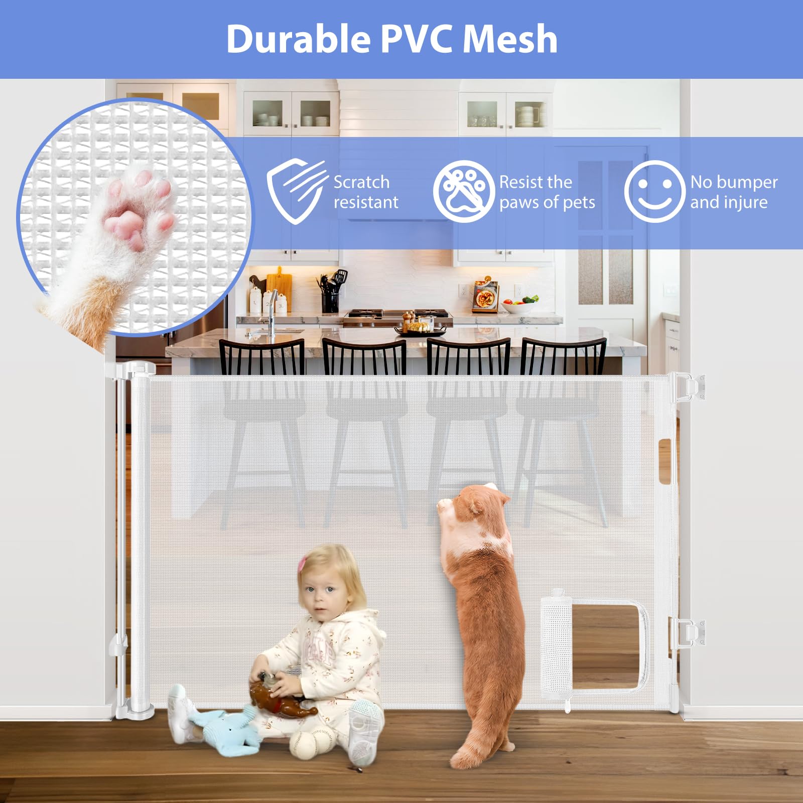 Retractable Baby Gate with Cat Door 55 Wide Retractable Baby Gate for Stairs Mesh Baby Gate with Pet Door Retractable Dog Gate f
