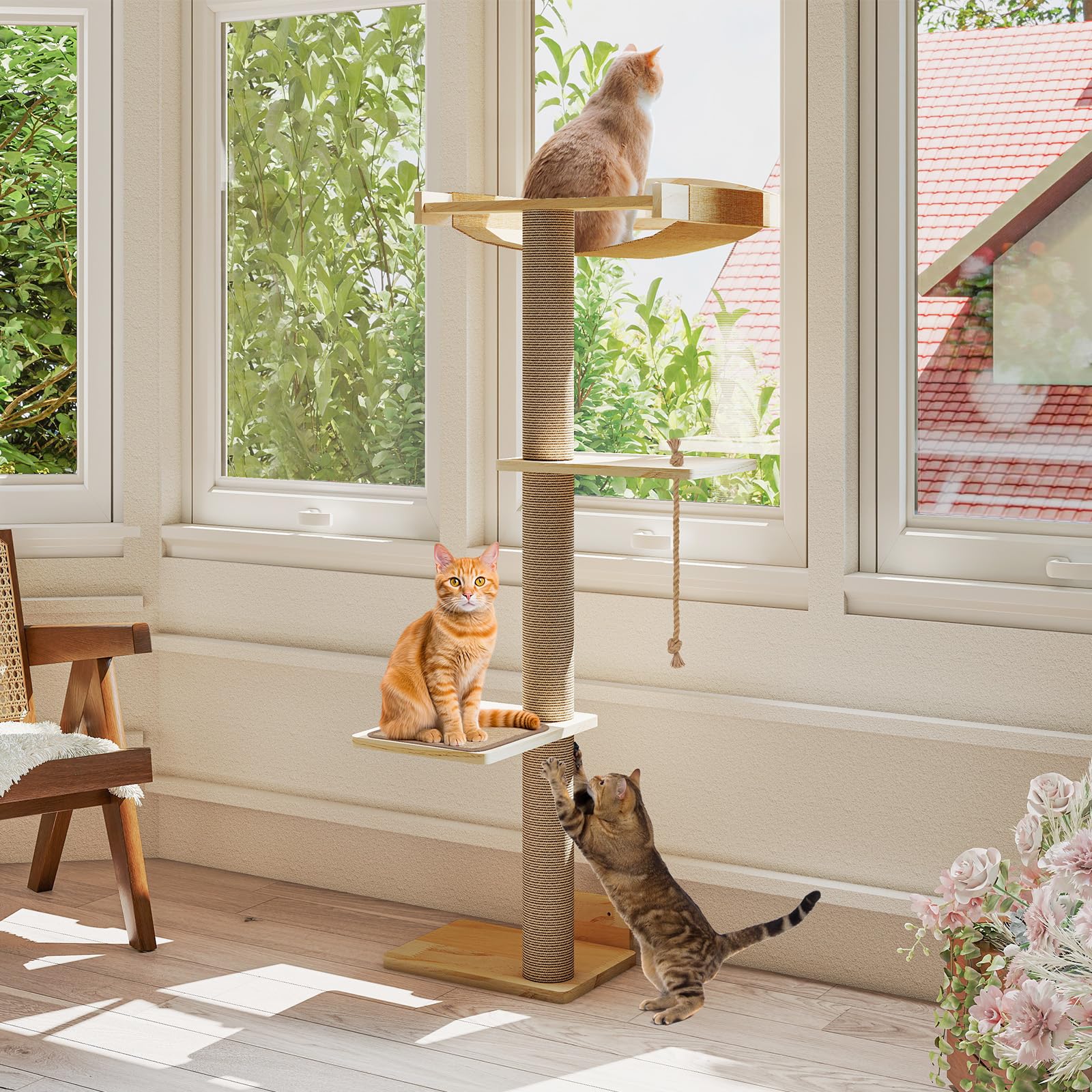 Yafylly Cat Window Perch with Scratching Post & Step, 47 Adjustable Window Perch for Large Cats, Cat Hammock for Window with Suc