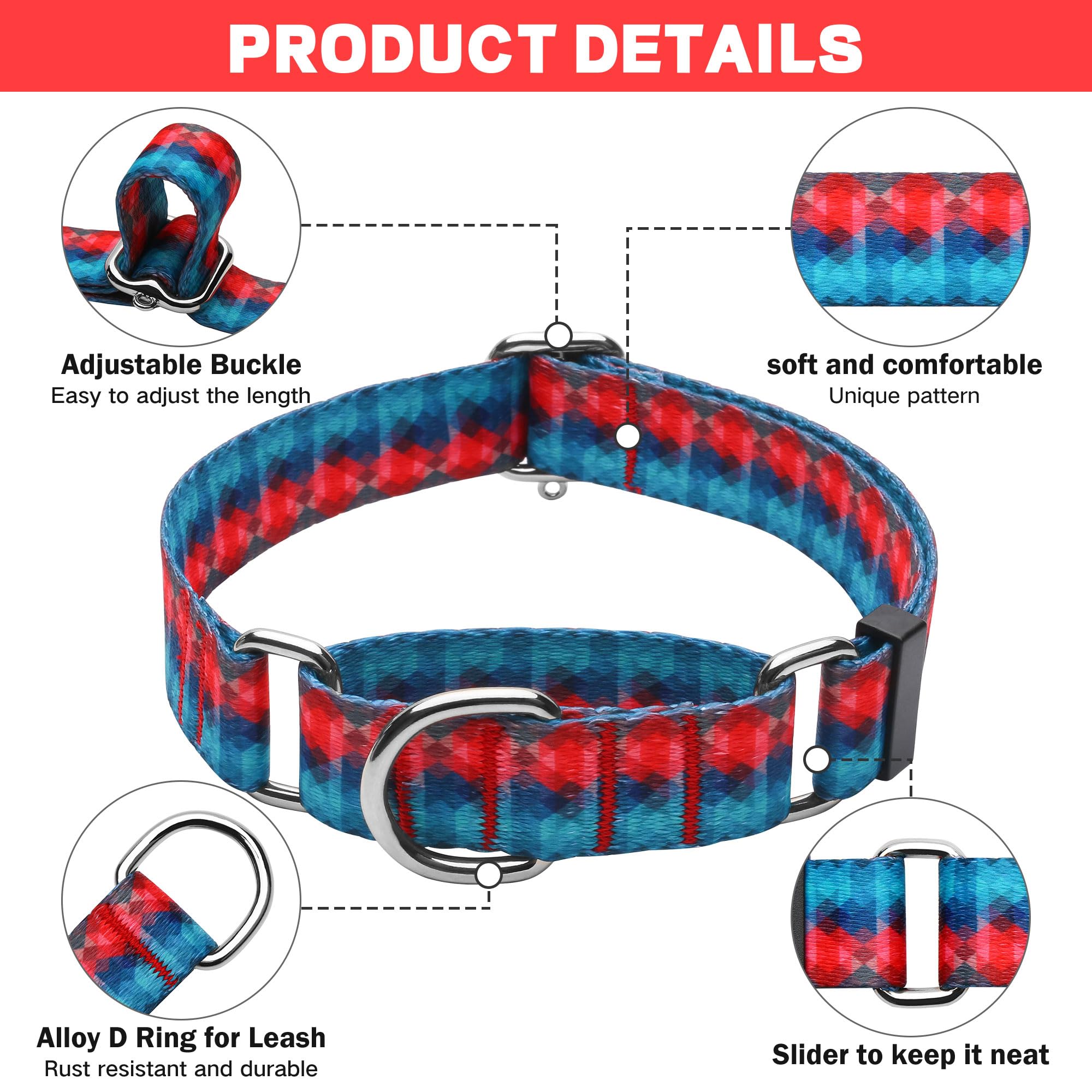 Hikiko Martingale Collar For Dogs With No Buckle Geometric Red Green Dog Collars For Large Dogs,Gradient,L