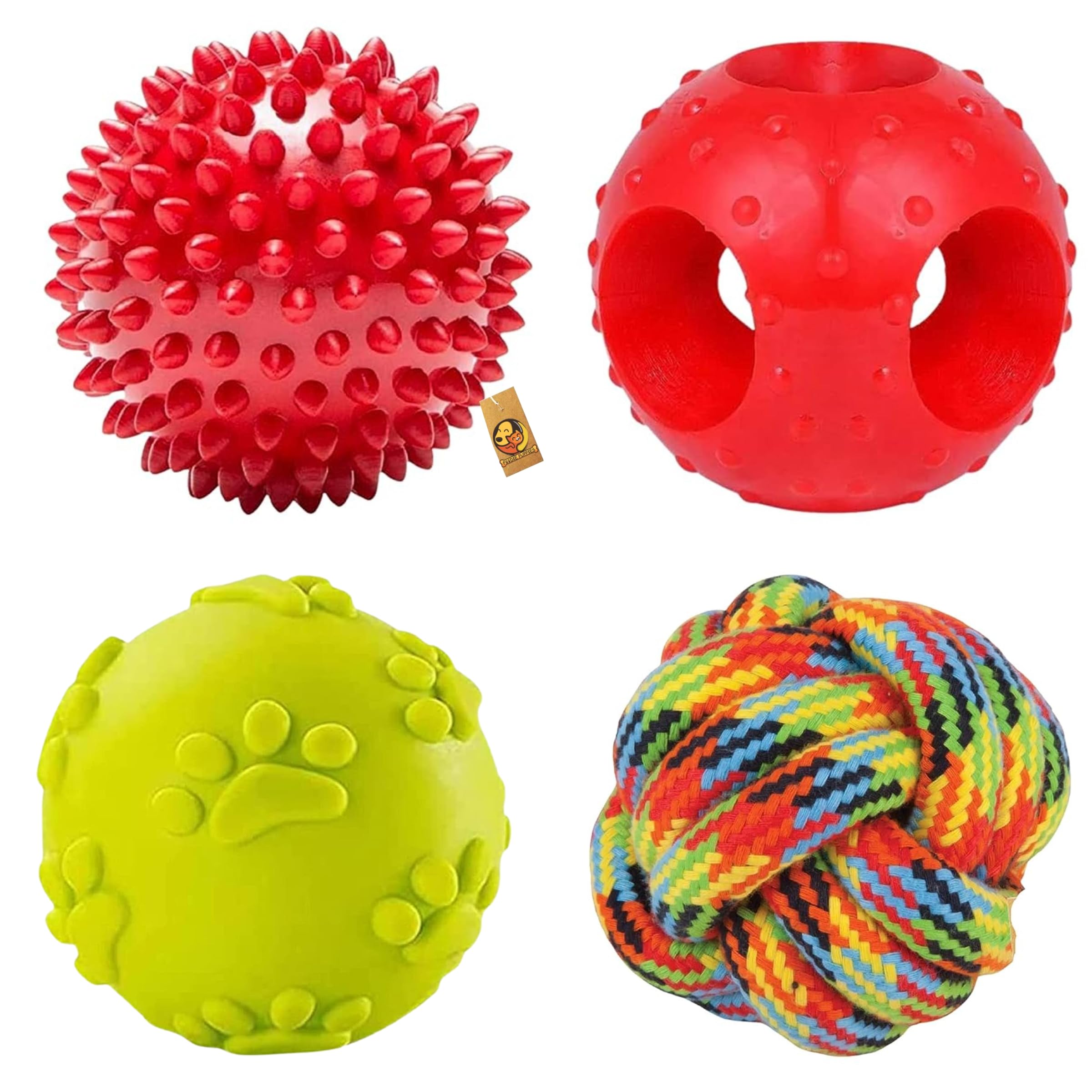 Foodie Puppies 4Piece Puppy Toy Combo  Rubber Squeaky Teething Toys For Small Dogs (Spike, Hole, Claw & Cotton Design) | Durab