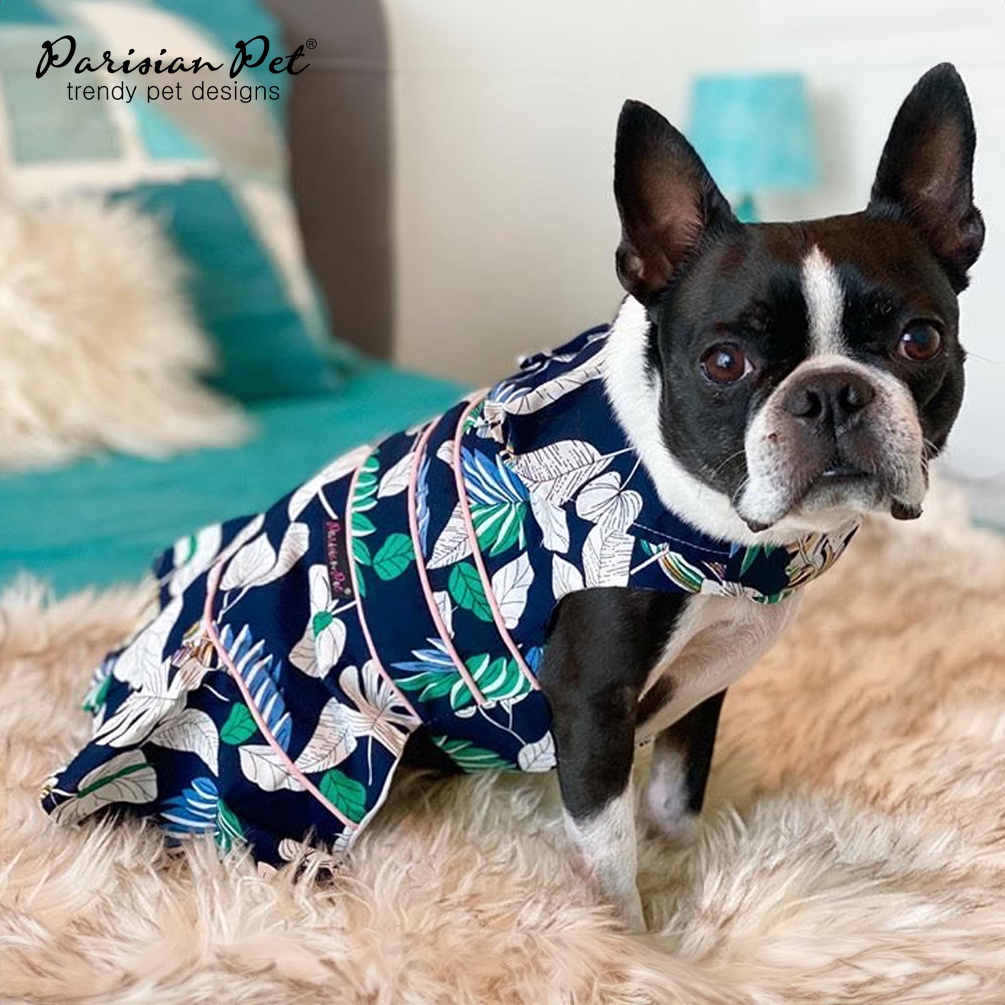 Parisian Pet Palm Leaves Summer Dress - Magic Strap Closure Dog Beach Outfit - Lightweight And Breathable Dresses For Large Dogs