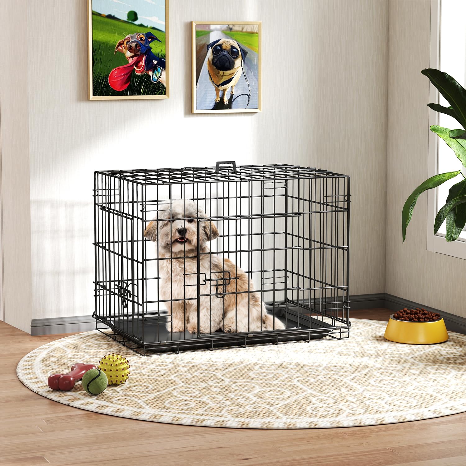FDW Dog Crate 24-Inch Dog Cage Single Door Foldable Metal Kennel with Leakproof Tray Foldable Design Indoor Outdoor Use for Smal