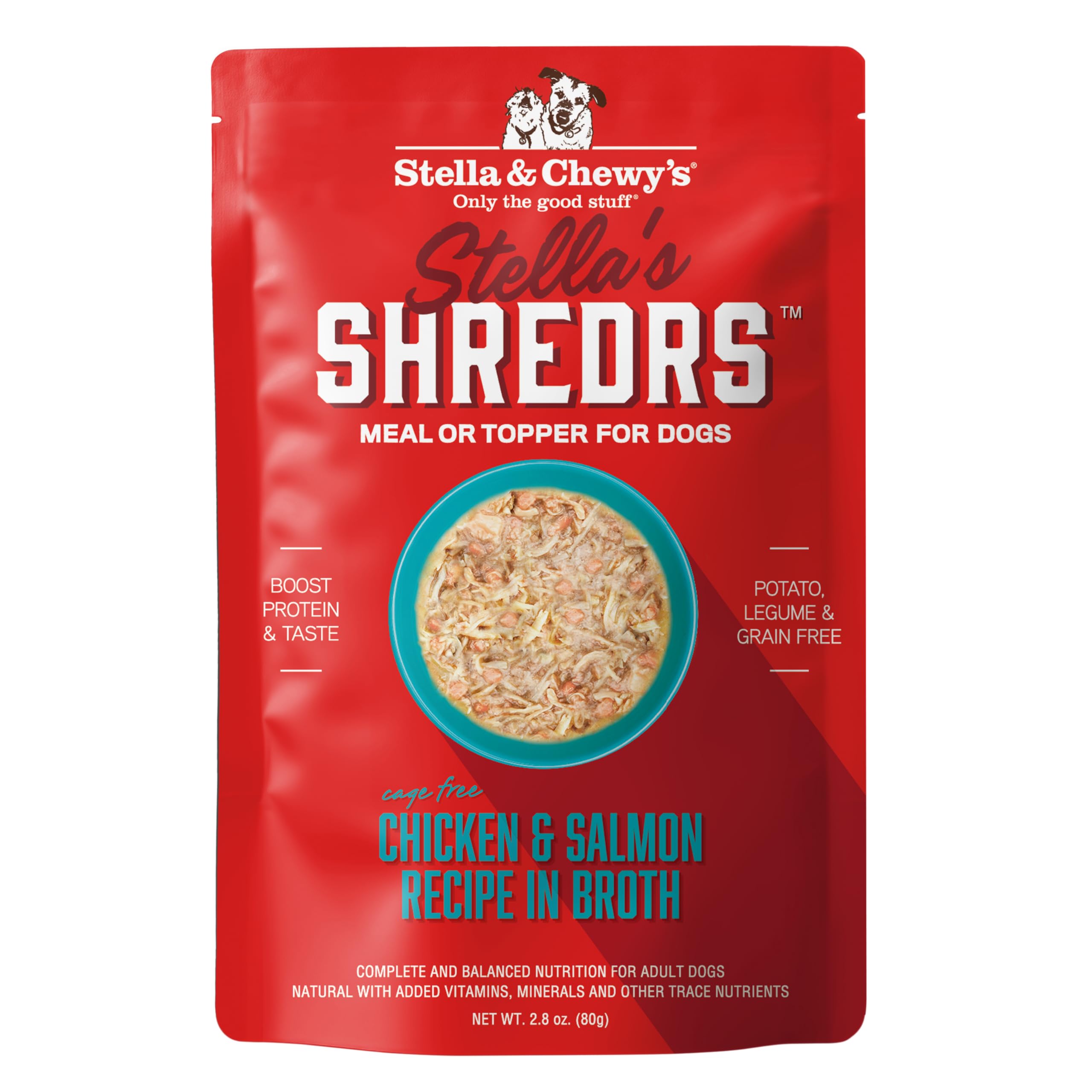 Stella & Chewys Cage Free Chicken & Salmon Shredrs - Premium Dog Food Pouches - Perfect For Picky Eaters- 24 Pack, 2.8oz Each